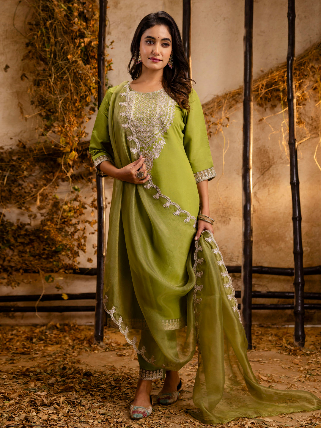 VredeVogel Women's Embroidered Silk Blend Calf Length Straight Kurta Trouser with Dupatta Set