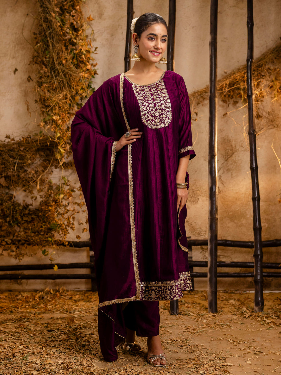 VredeVogel Women's Embroidered Silk Blend Anarkali Kurta Pant With Dupatta Set