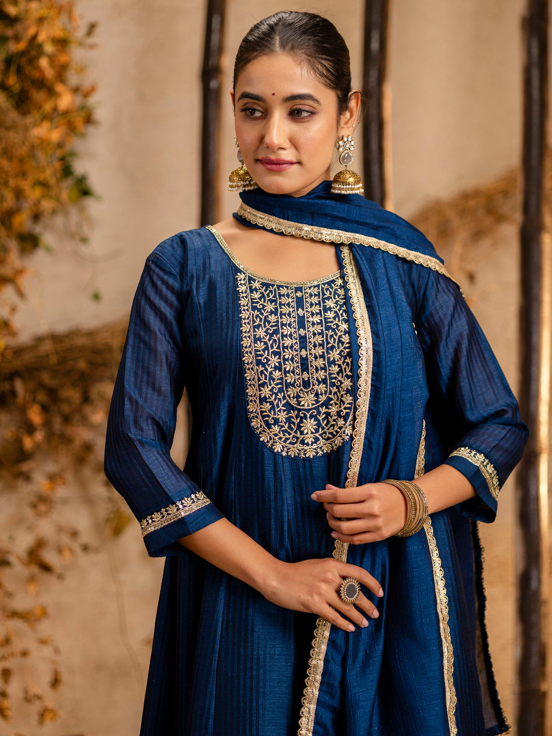 VredeVogel Women's Embroidered Silk Blend Anarkali Kurta Pant With Dupatta Set