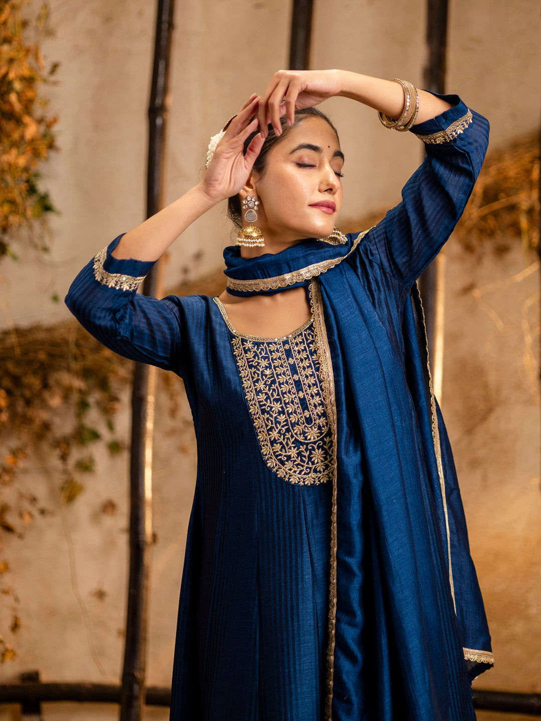 VredeVogel Women's Embroidered Silk Blend Anarkali Kurta Pant With Dupatta Set