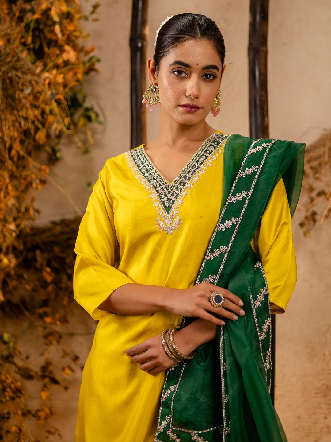 Anvi Women's Embroidered Silk Blend Calf Length Straight Kurta Trouser with Dupatta Set