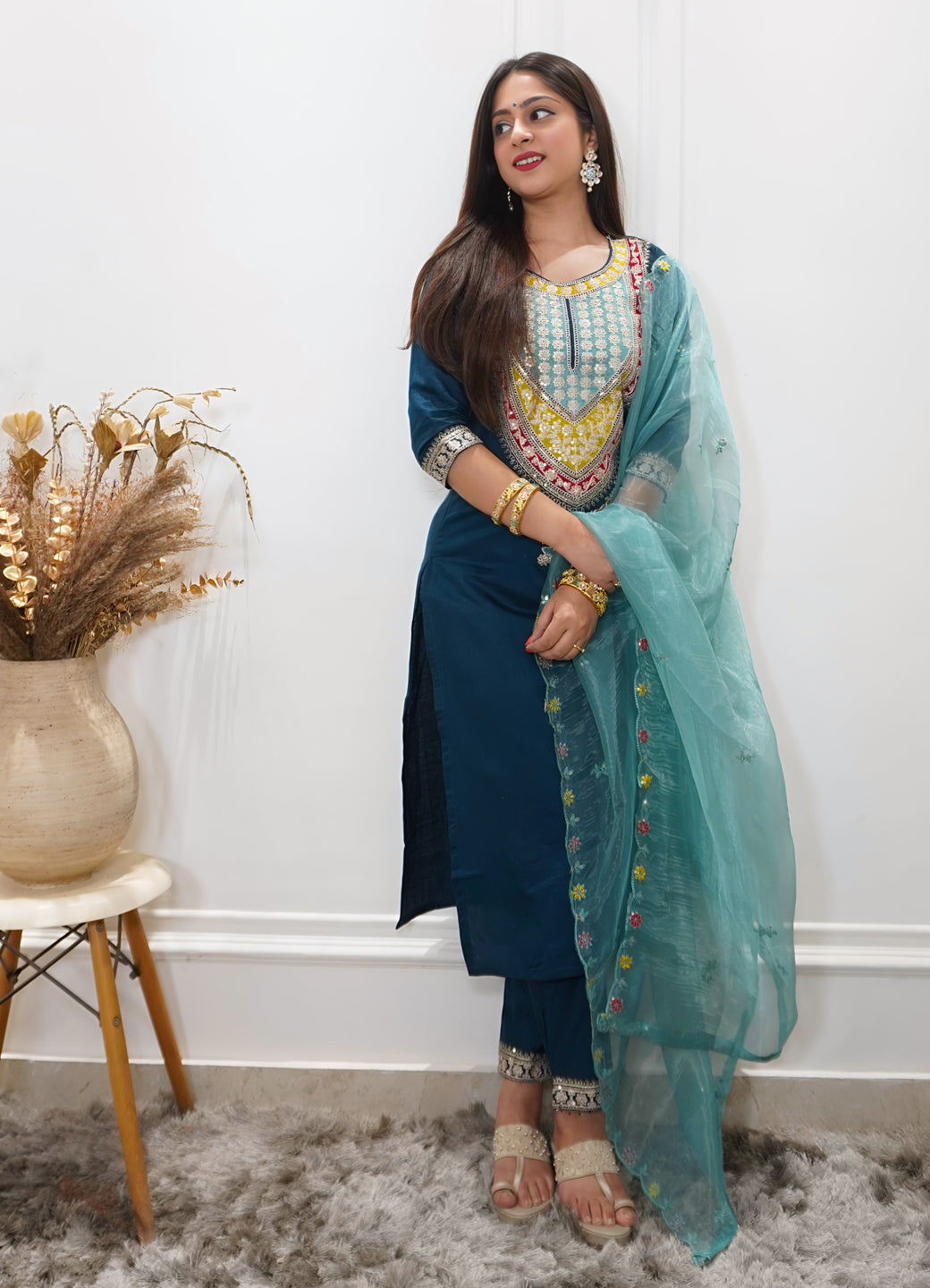 Tanirika Women's Embroidered Viscose Rayon Calf Length Straight Kurta Trouser with Dupatta Set