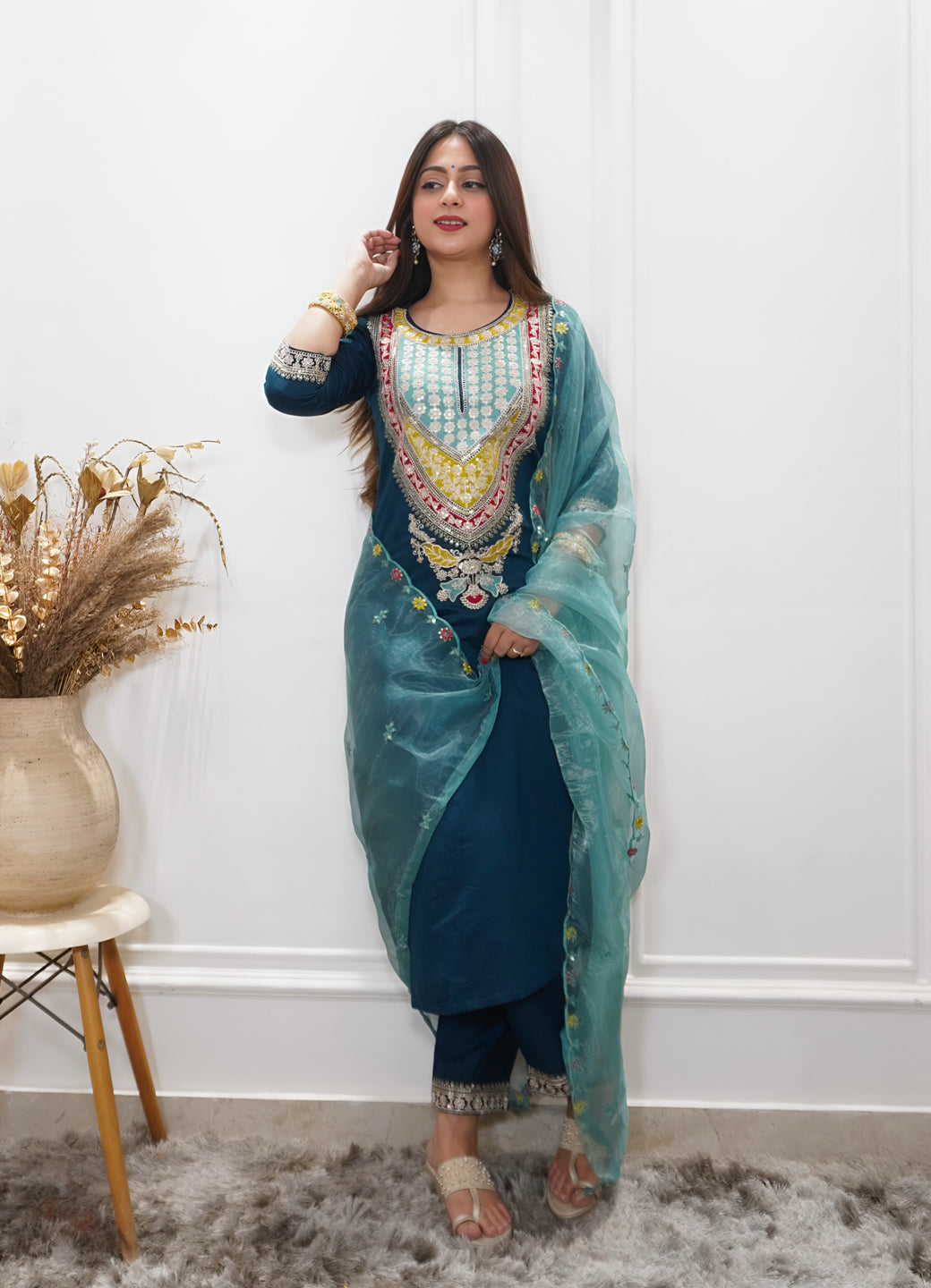 Tanirika Women's Embroidered Viscose Rayon Calf Length Straight Kurta Trouser with Dupatta Set