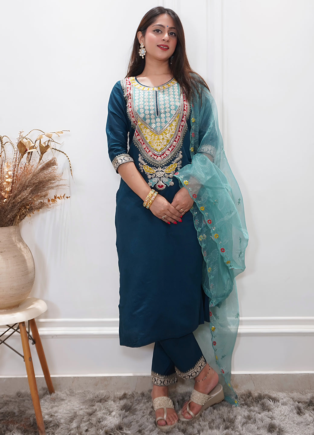 Tanirika Women's Embroidered Viscose Rayon Calf Length Straight Kurta Trouser with Dupatta Set