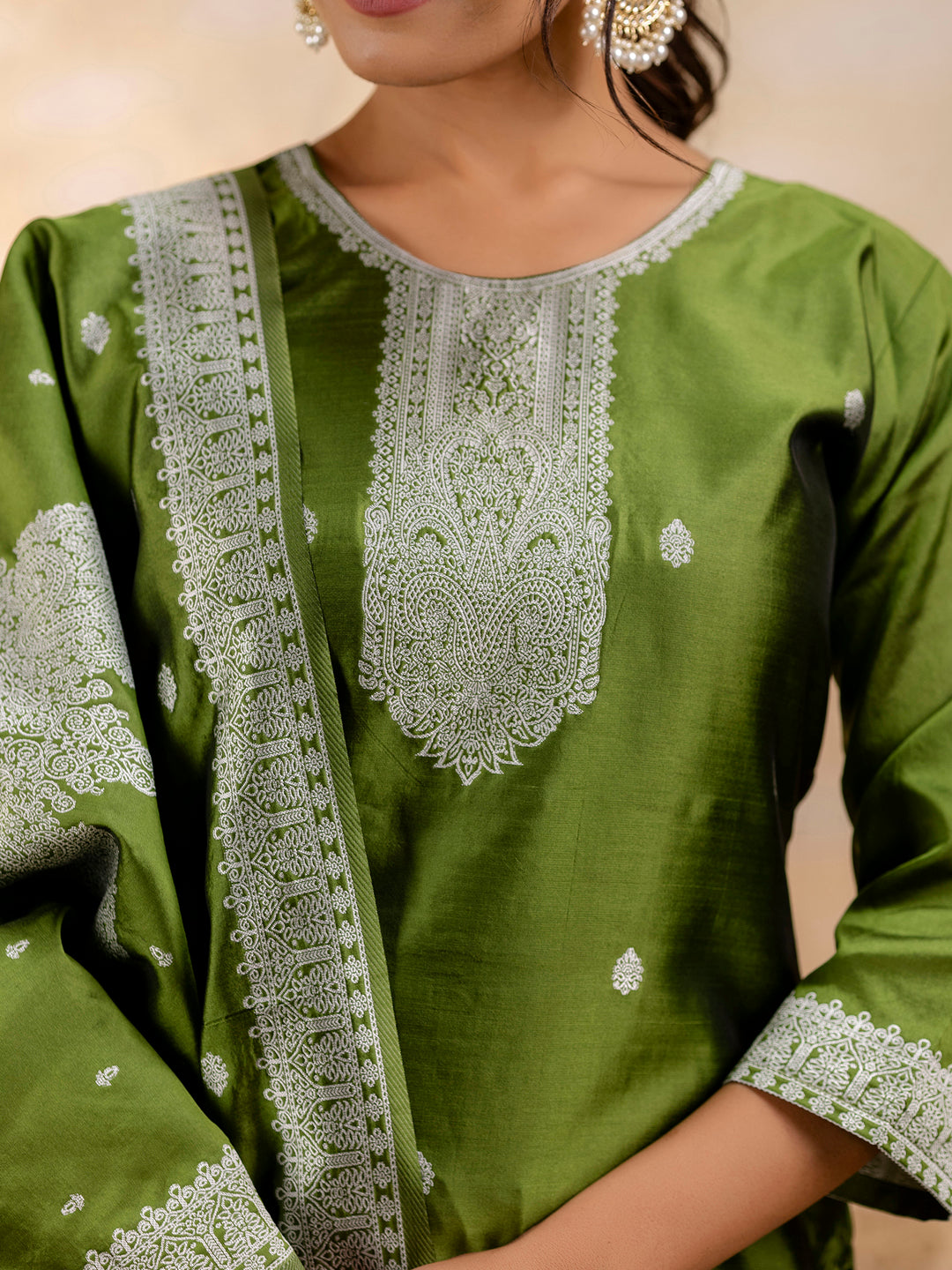 Dravika Women's Embroidered Cotton Blend Kurta Pant Sets with Dupatta