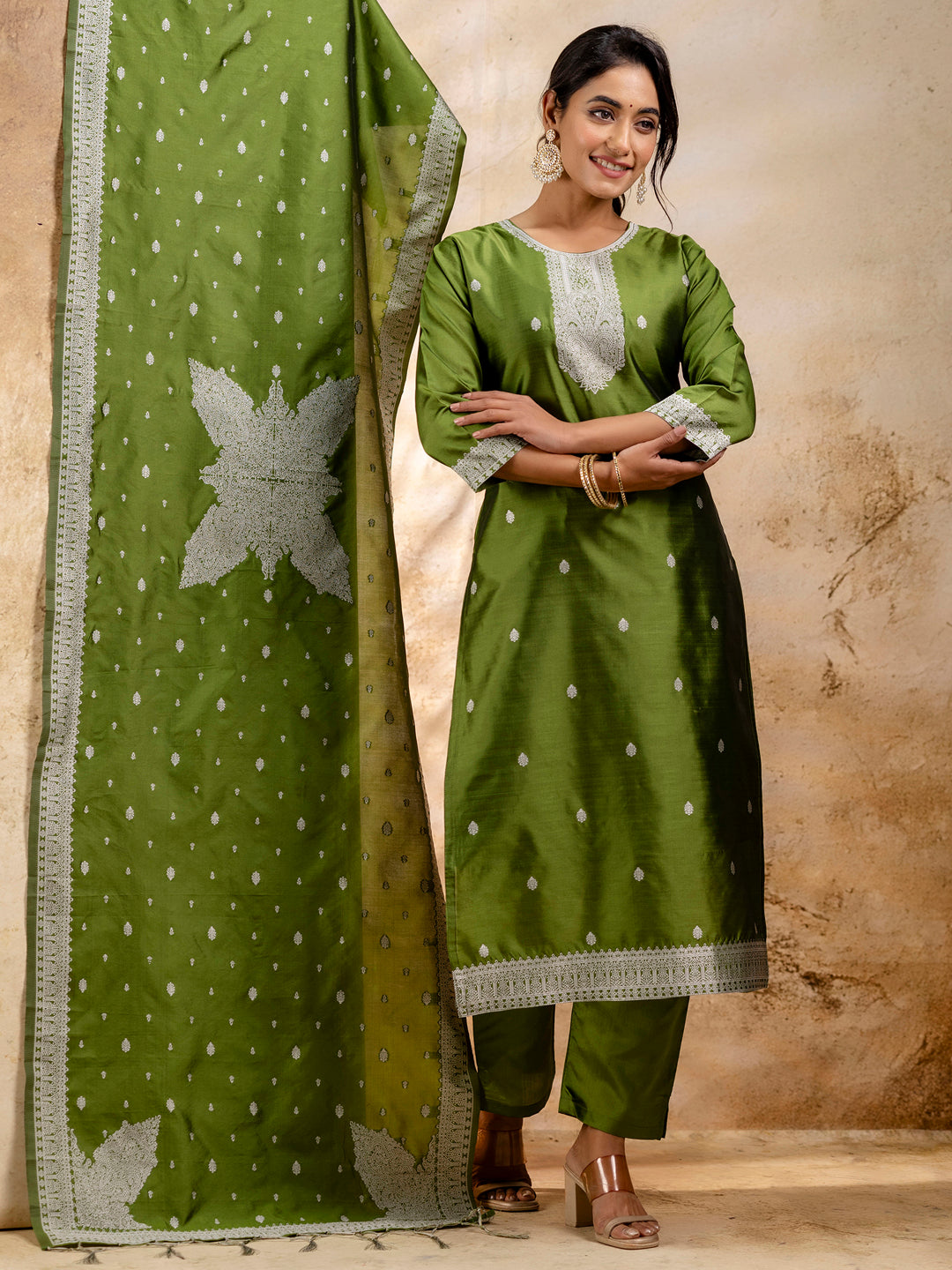 Dravika Women's Embroidered Cotton Blend Kurta Pant Sets with Dupatta