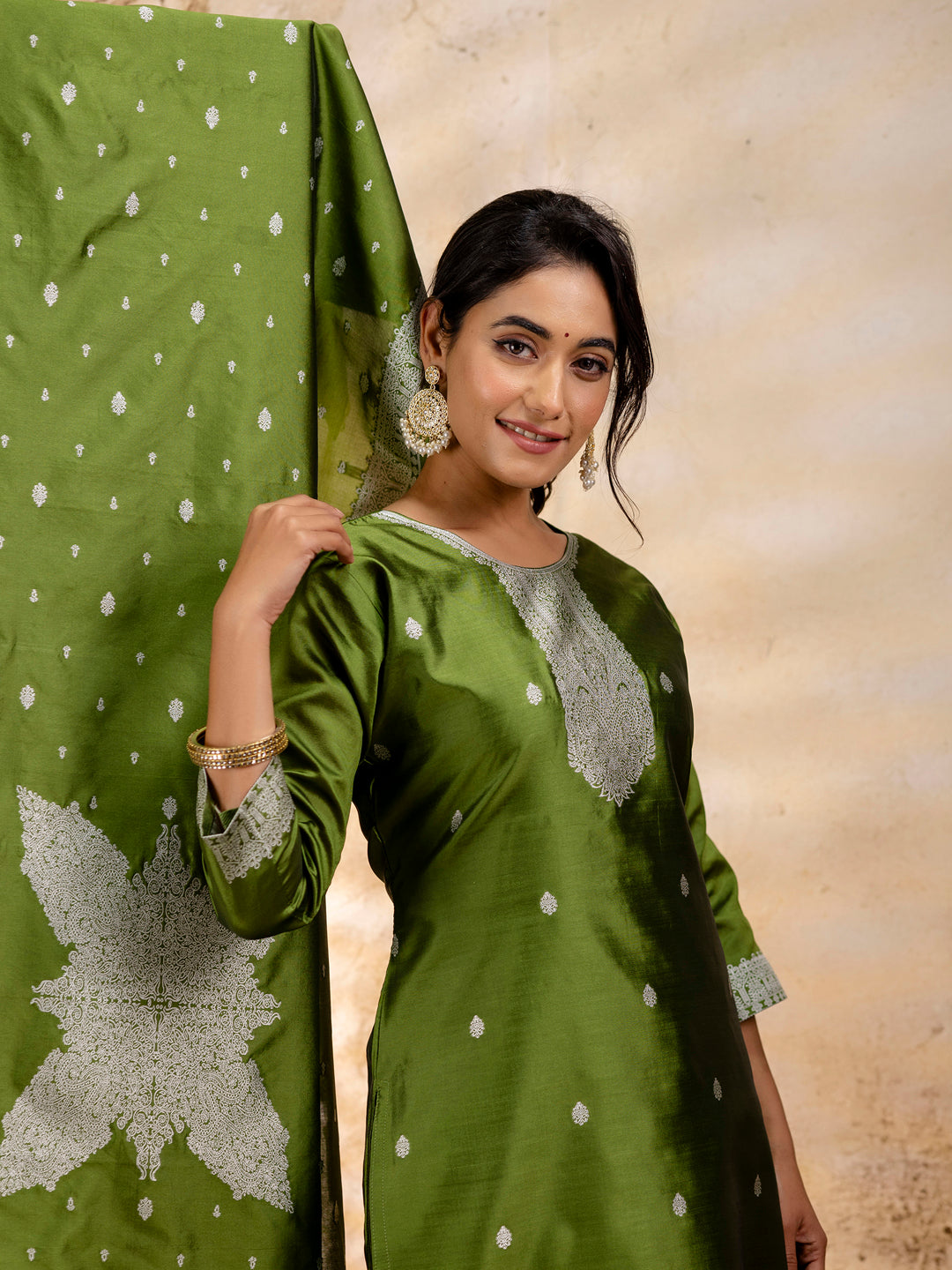 Dravika Women's Embroidered Cotton Blend Kurta Pant Sets with Dupatta