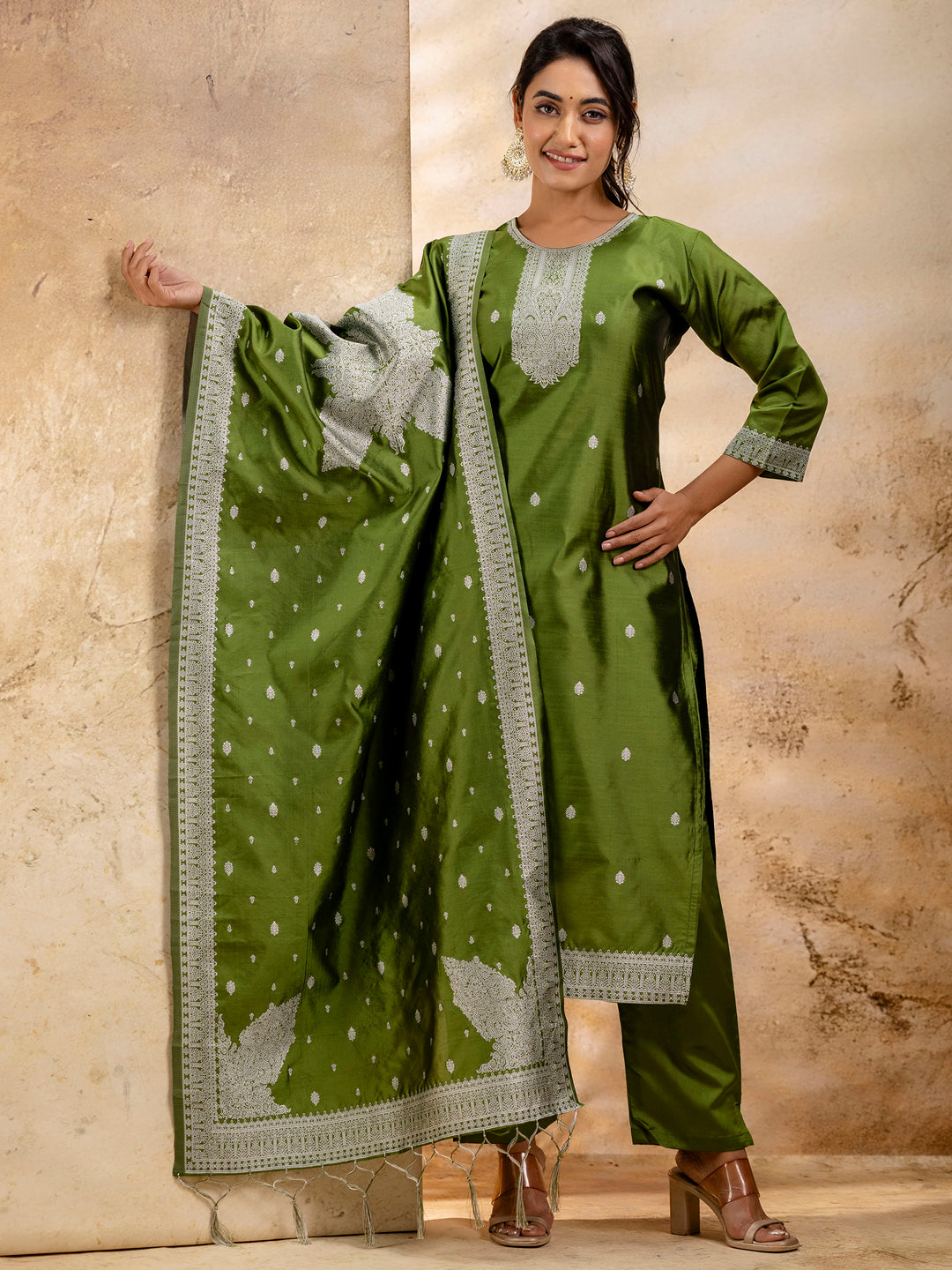 Dravika Women's Embroidered Cotton Blend Kurta Pant Sets with Dupatta