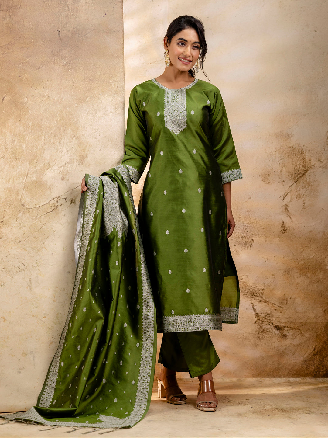 Dravika Women's Embroidered Cotton Blend Kurta Pant Sets with Dupatta