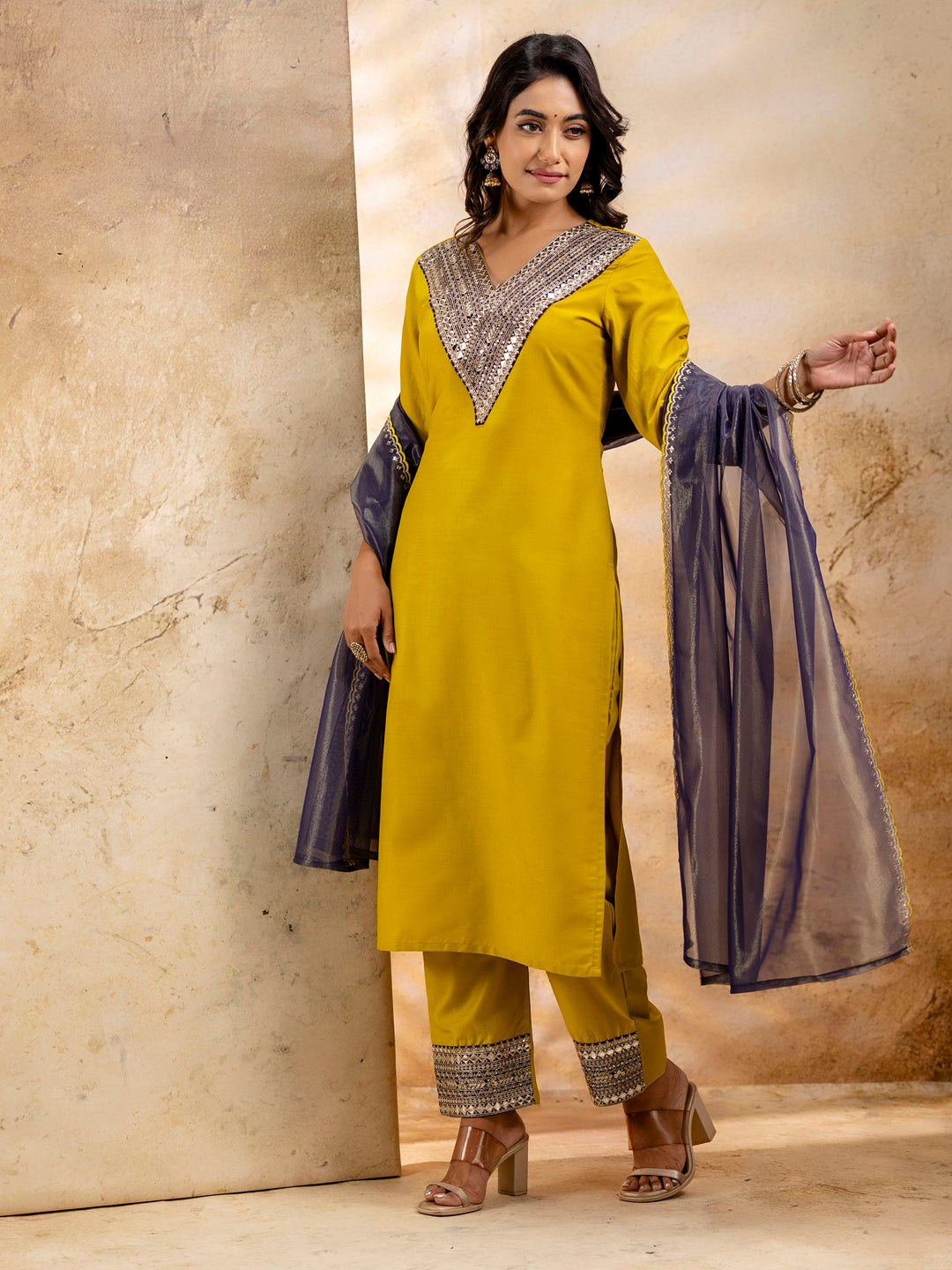 VredeVogel Women's Embroidered Viscose Rayon Calf Length Straight Kurta Trouser with Dupatta Set