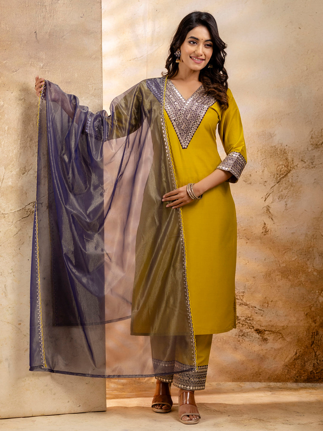 VredeVogel Women's Embroidered Viscose Rayon Calf Length Straight Kurta Trouser with Dupatta Set