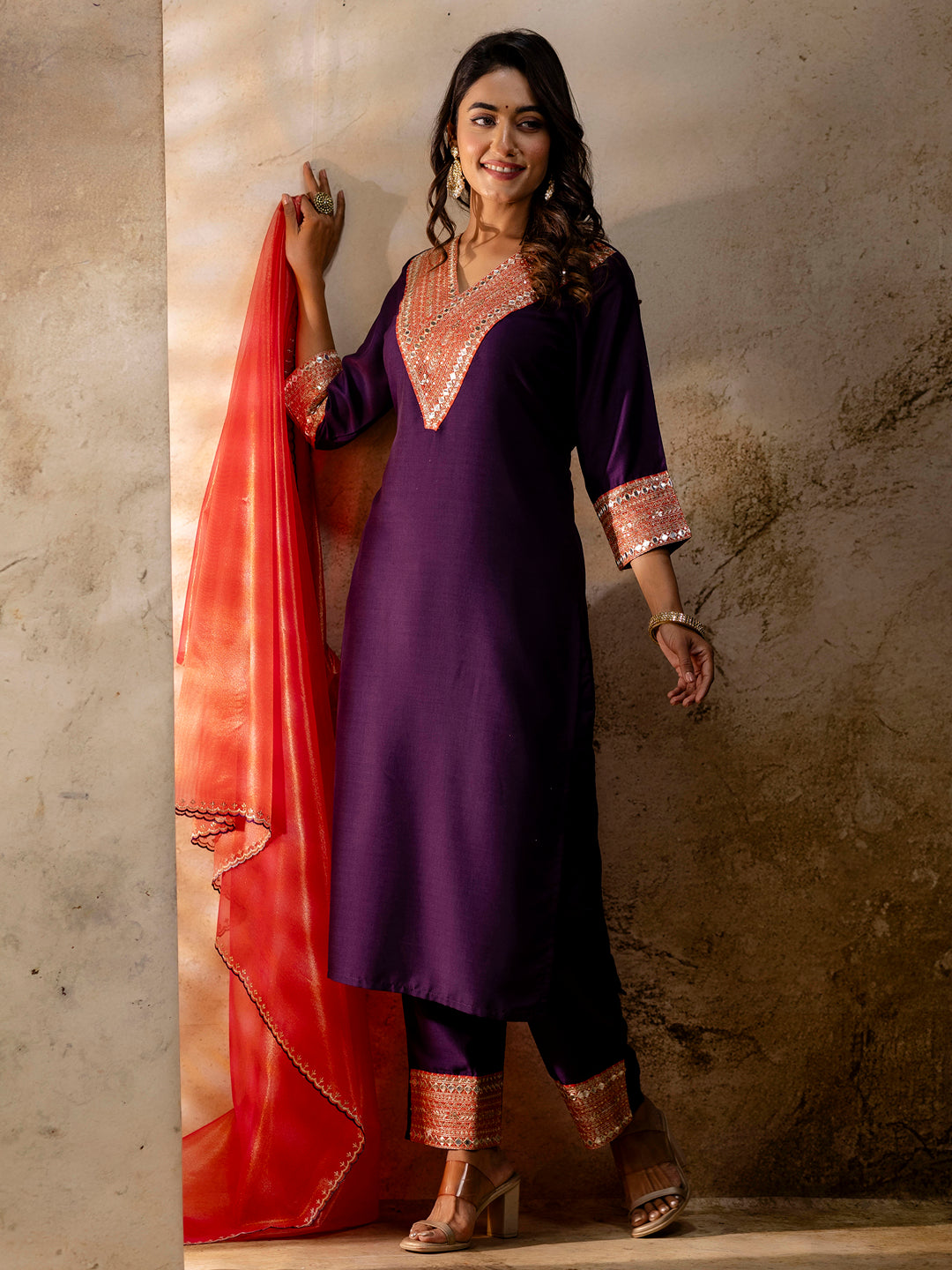 VredeVogel Women's Embroidered Viscose Rayon Calf Length Straight Kurta Trouser with Dupatta Set