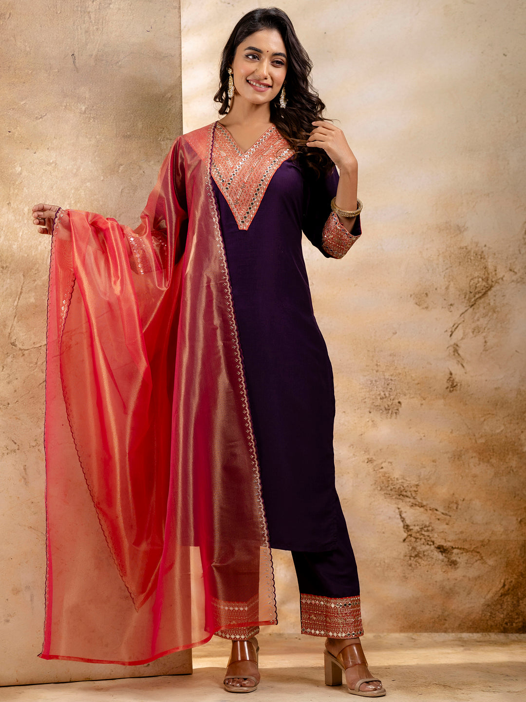 VredeVogel Women's Embroidered Viscose Rayon Calf Length Straight Kurta Trouser with Dupatta Set