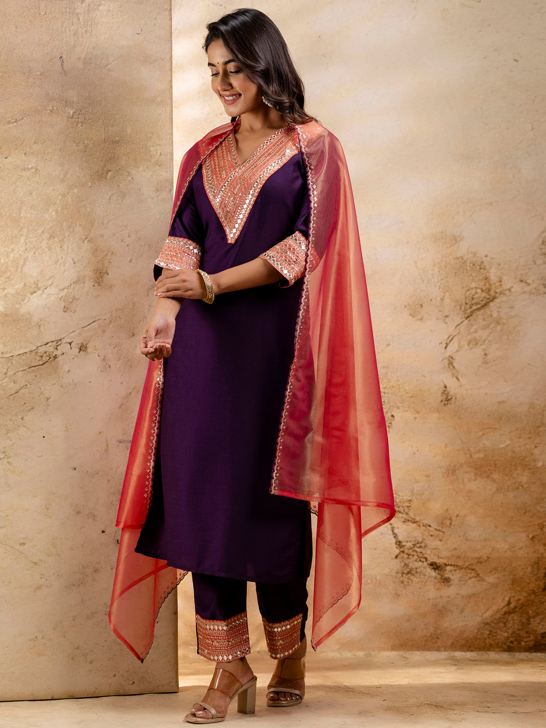 VredeVogel Women's Embroidered Viscose Rayon Calf Length Straight Kurta Trouser with Dupatta Set