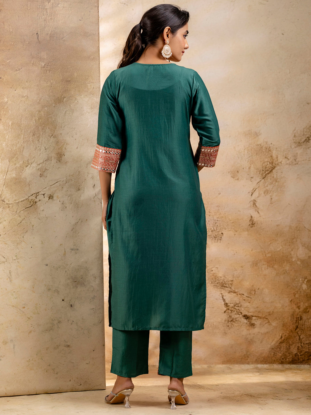 VredeVogel Women's Embroidered Viscose Rayon Calf Length Straight Kurta Trouser with Dupatta Set