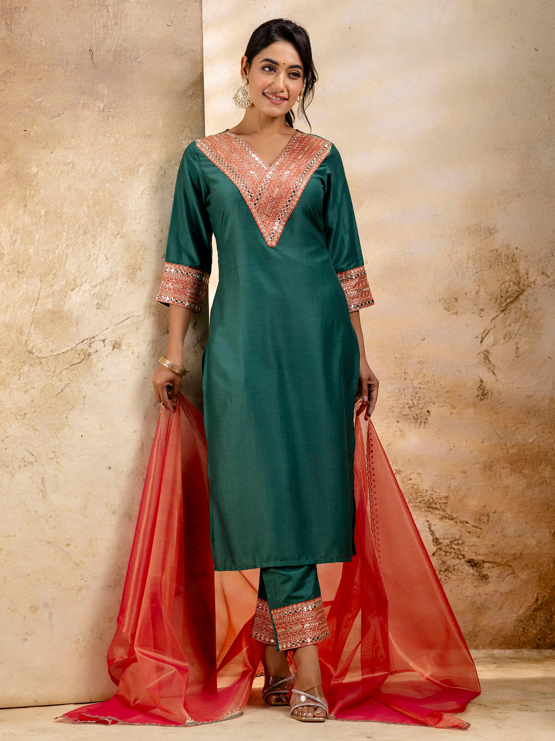 VredeVogel Women's Embroidered Viscose Rayon Calf Length Straight Kurta Trouser with Dupatta Set
