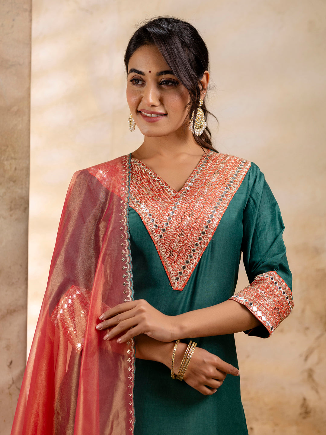 VredeVogel Women's Embroidered Viscose Rayon Calf Length Straight Kurta Trouser with Dupatta Set