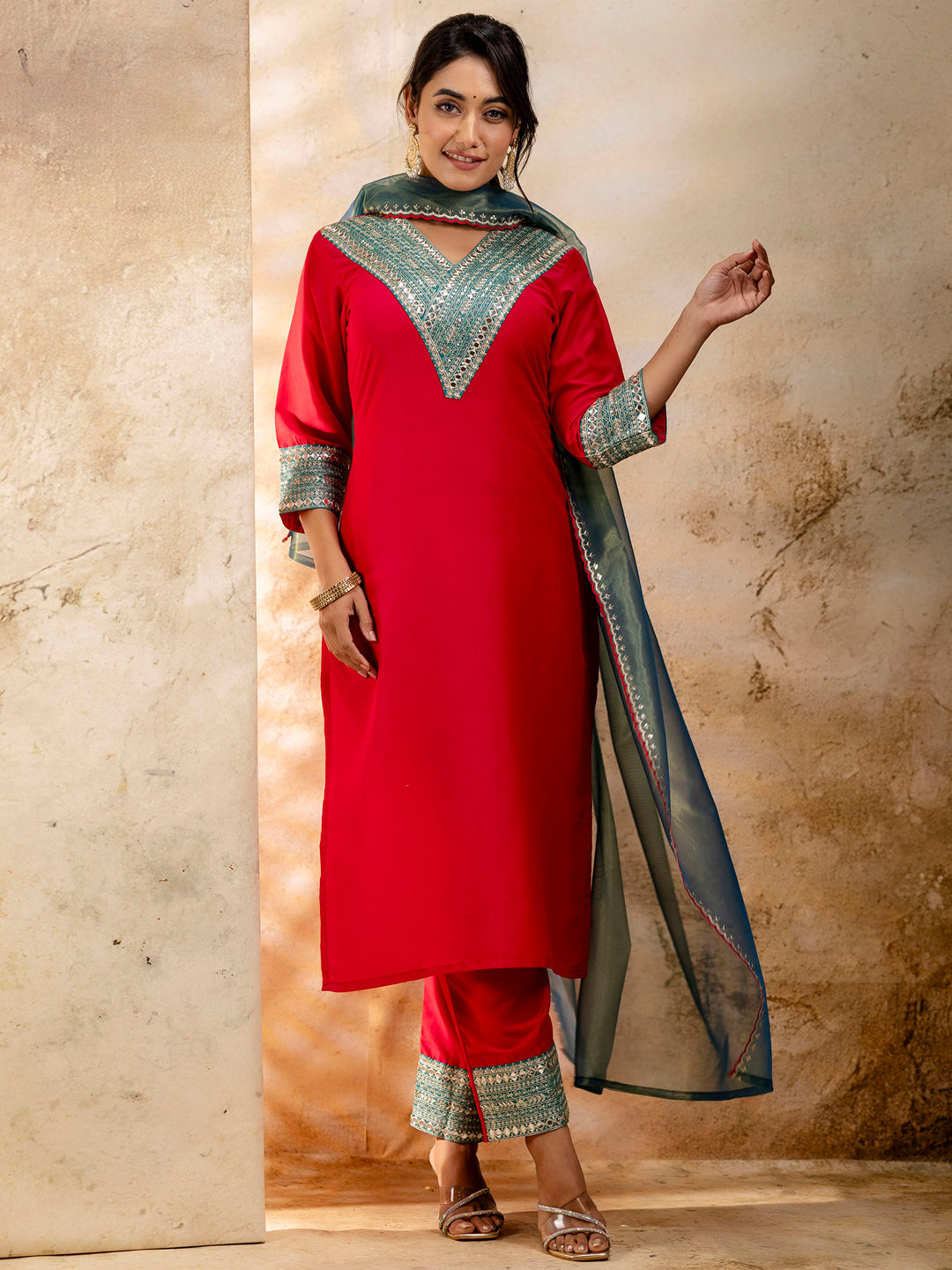 VredeVogel Women's Embroidered Viscose Rayon Calf Length Straight Kurta Trouser with Dupatta Set