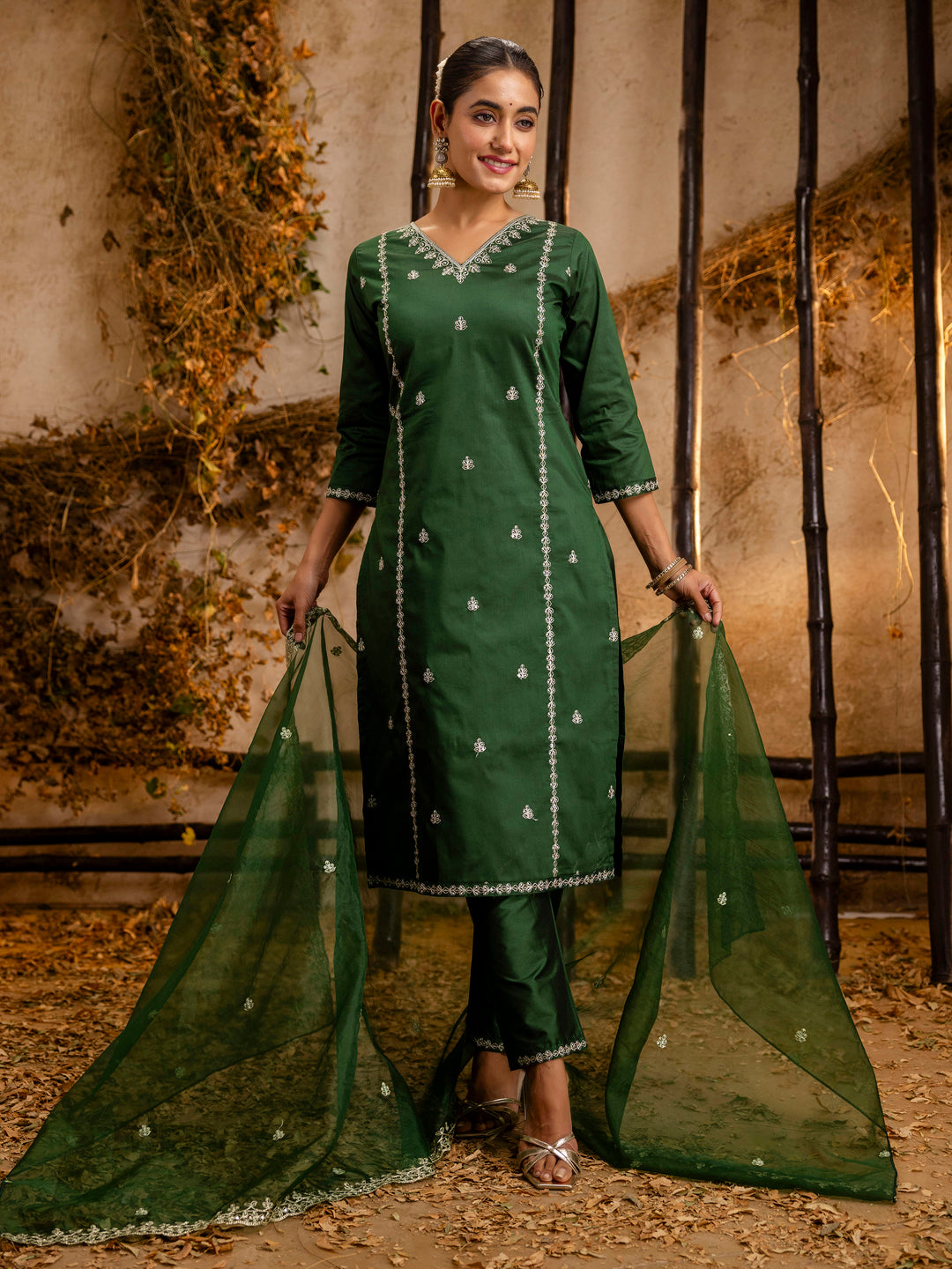 VredeVogel Women's Embroidered Silk Blend Calf Length Straight Kurta Trouser with Dupatta Set