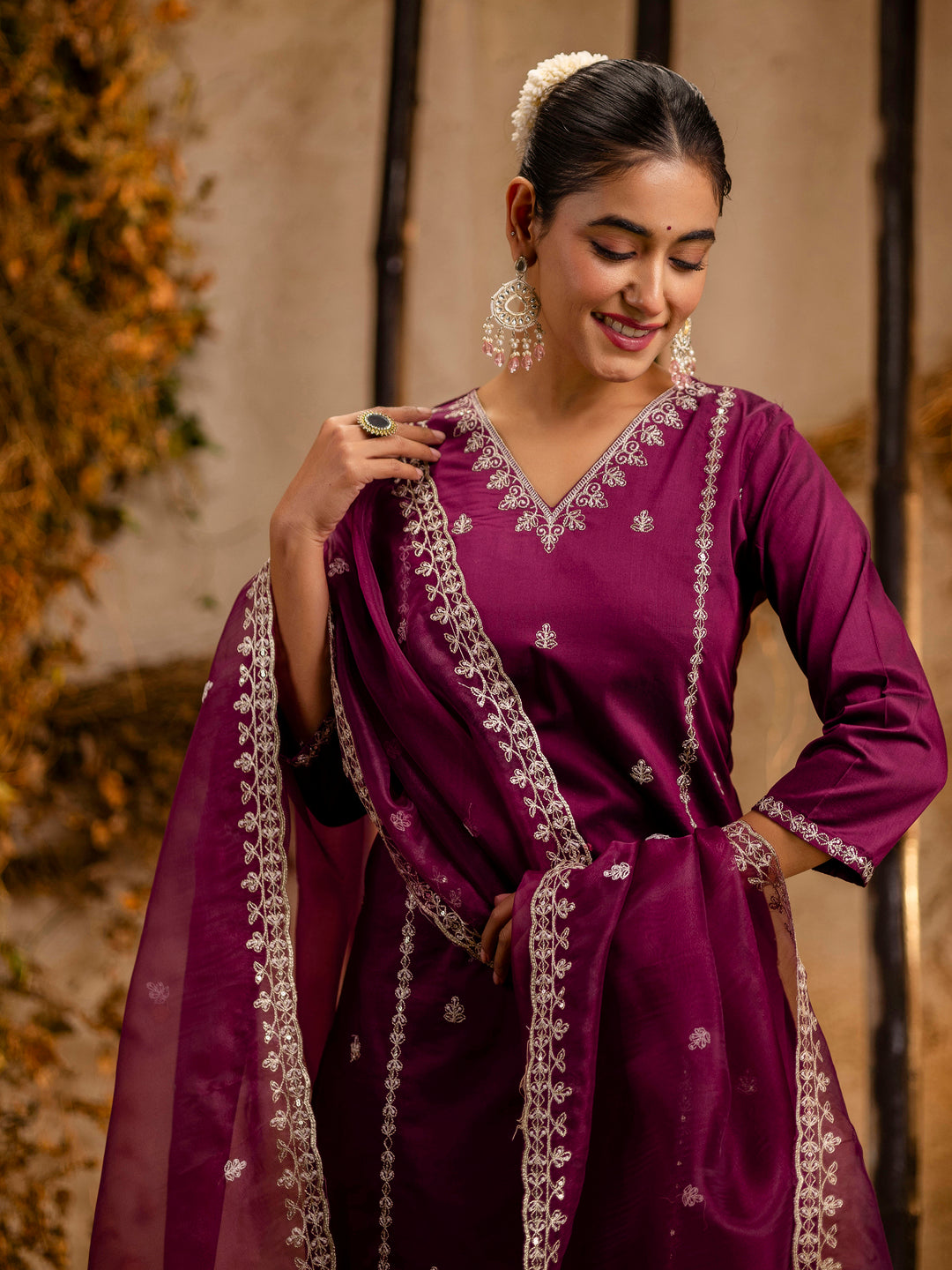 VredeVogel Women's Embroidered Silk Blend Calf Length Straight Kurta Trouser with Dupatta Set