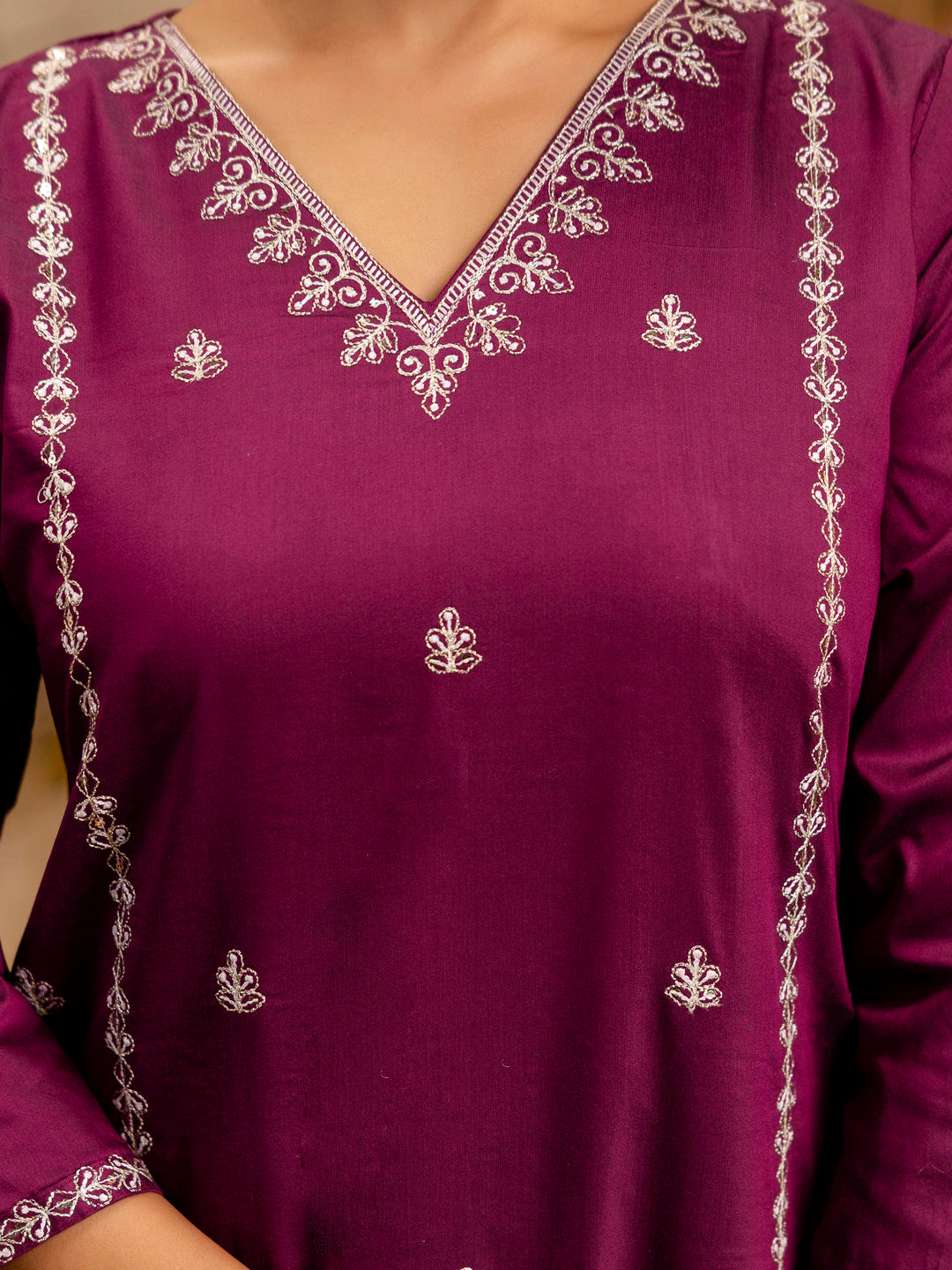 VredeVogel Women's Embroidered Silk Blend Calf Length Straight Kurta Trouser with Dupatta Set