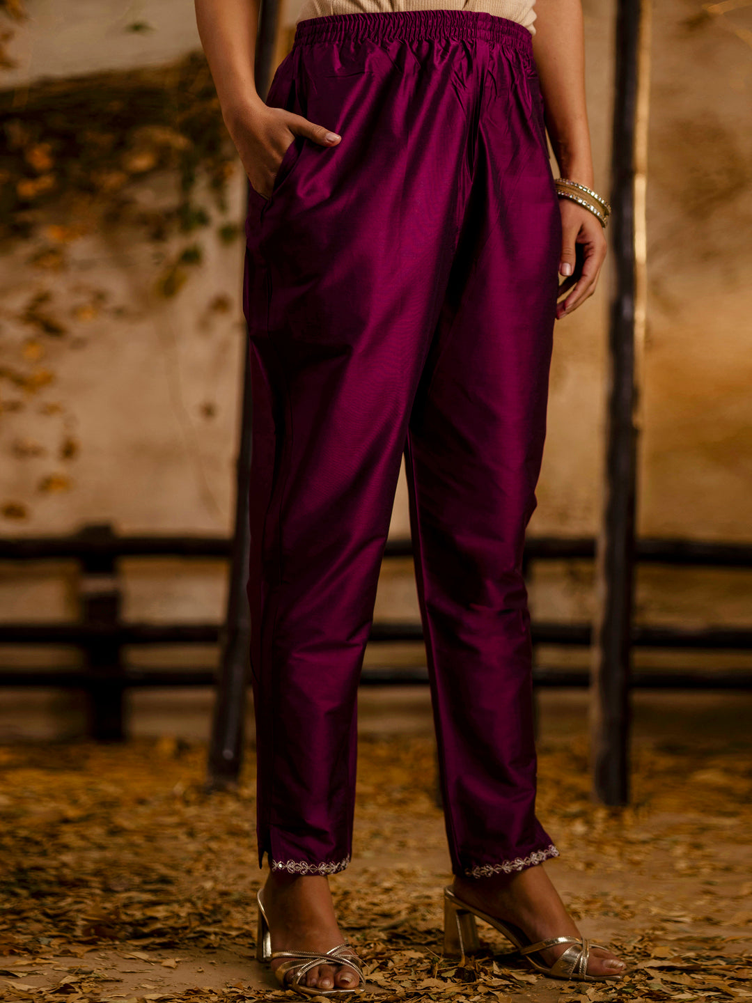 VredeVogel Women's Embroidered Silk Blend Calf Length Straight Kurta Trouser with Dupatta Set