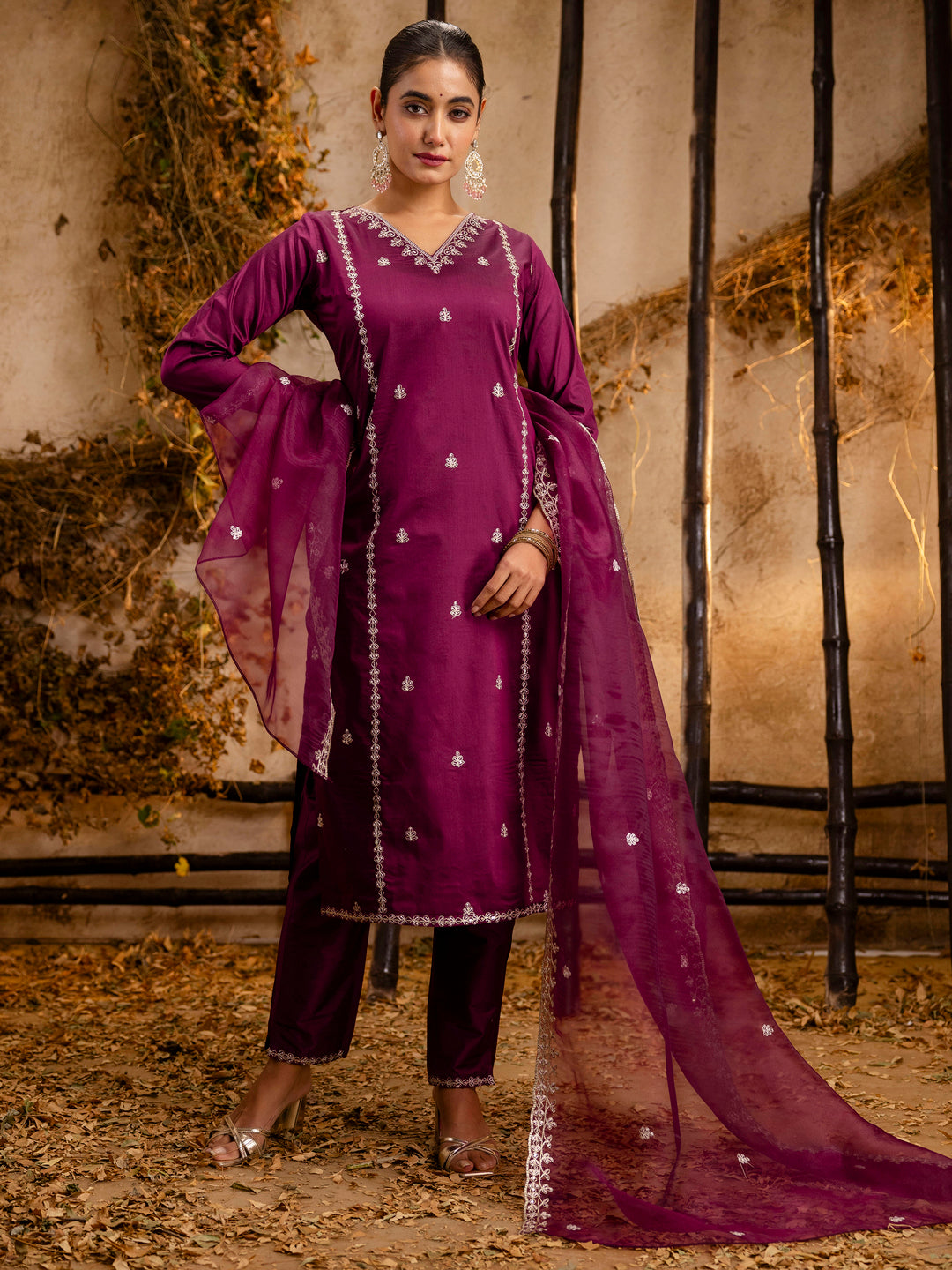 VredeVogel Women's Embroidered Silk Blend Calf Length Straight Kurta Trouser with Dupatta Set