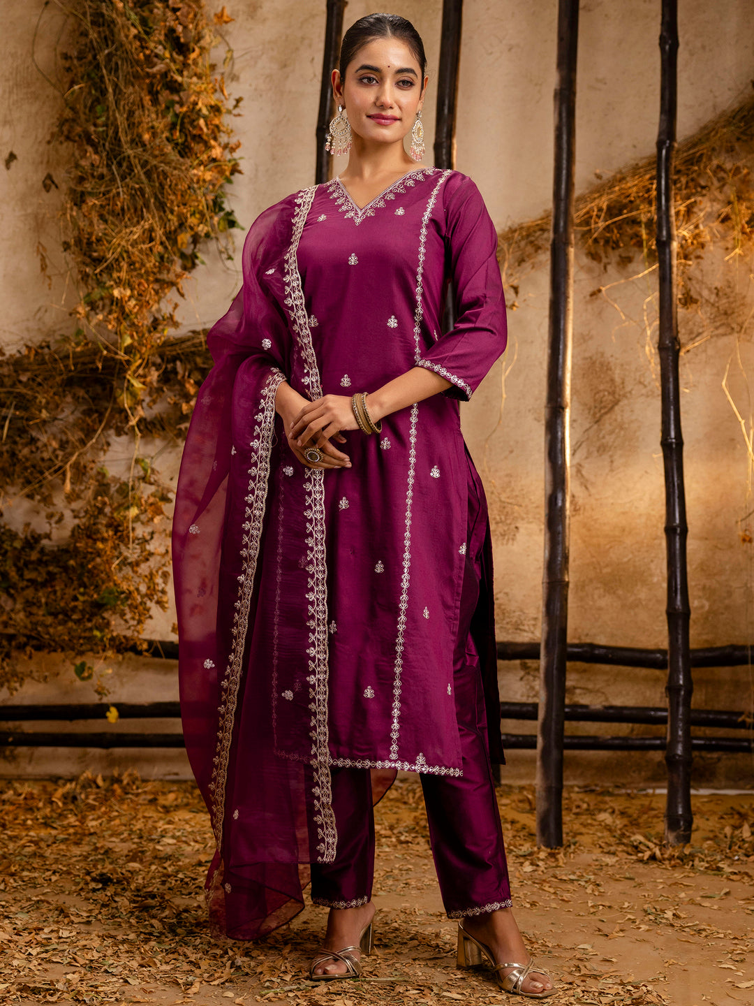 VredeVogel Women's Embroidered Silk Blend Calf Length Straight Kurta Trouser with Dupatta Set