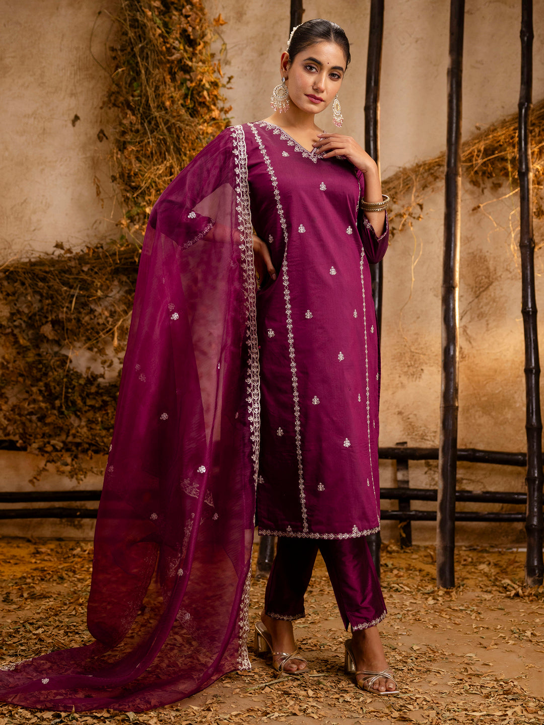 VredeVogel Women's Embroidered Silk Blend Calf Length Straight Kurta Trouser with Dupatta Set