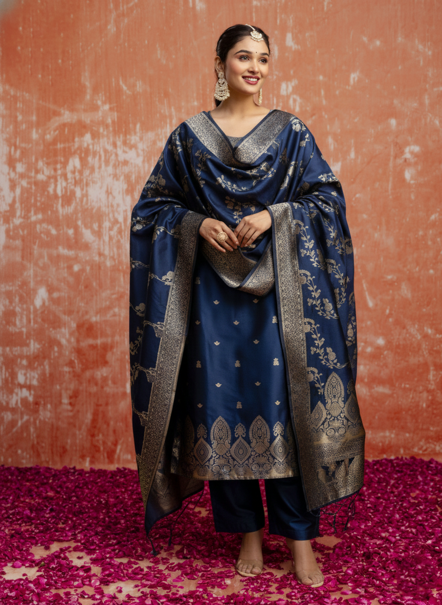 Malika Women Silk Blend Kurta Pant Dupatta Set