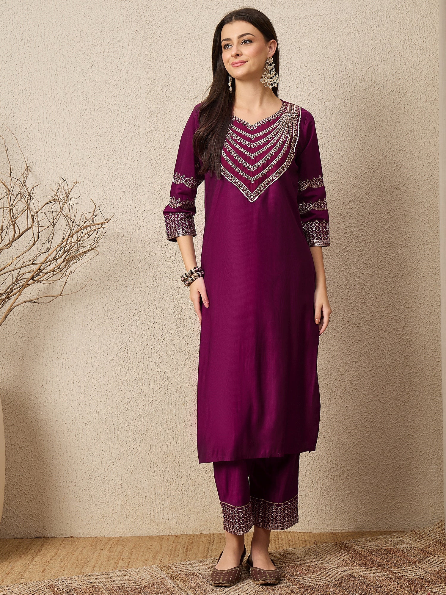 Kamya Purple Ethnic Motifs Embroidered Straight Kurta with Trousers & Dupatta