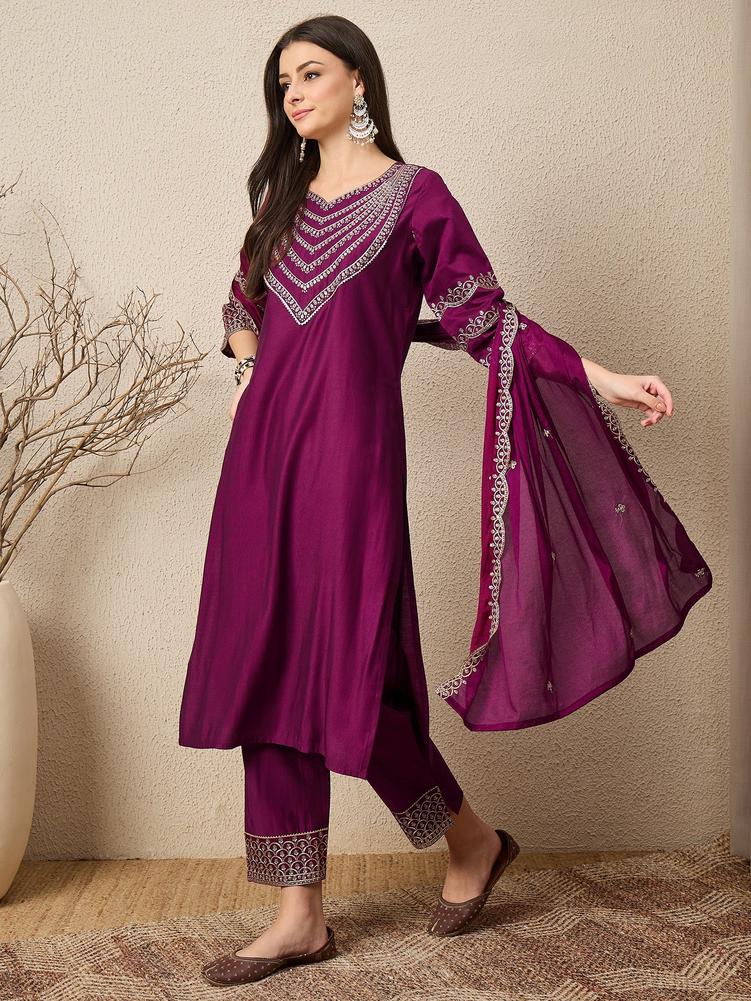 Kamya Purple Ethnic Motifs Embroidered Straight Kurta with Trousers & Dupatta