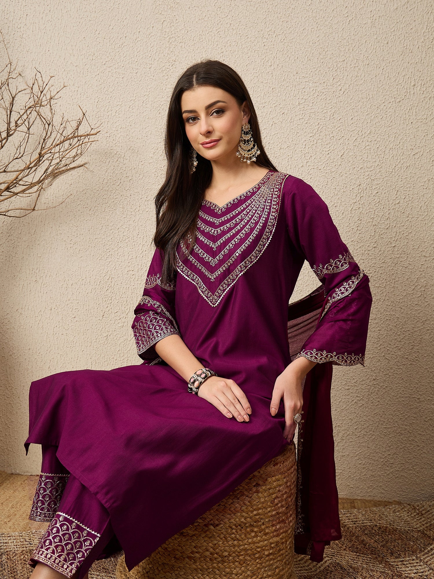 Kamya Purple Ethnic Motifs Embroidered Straight Kurta with Trousers & Dupatta
