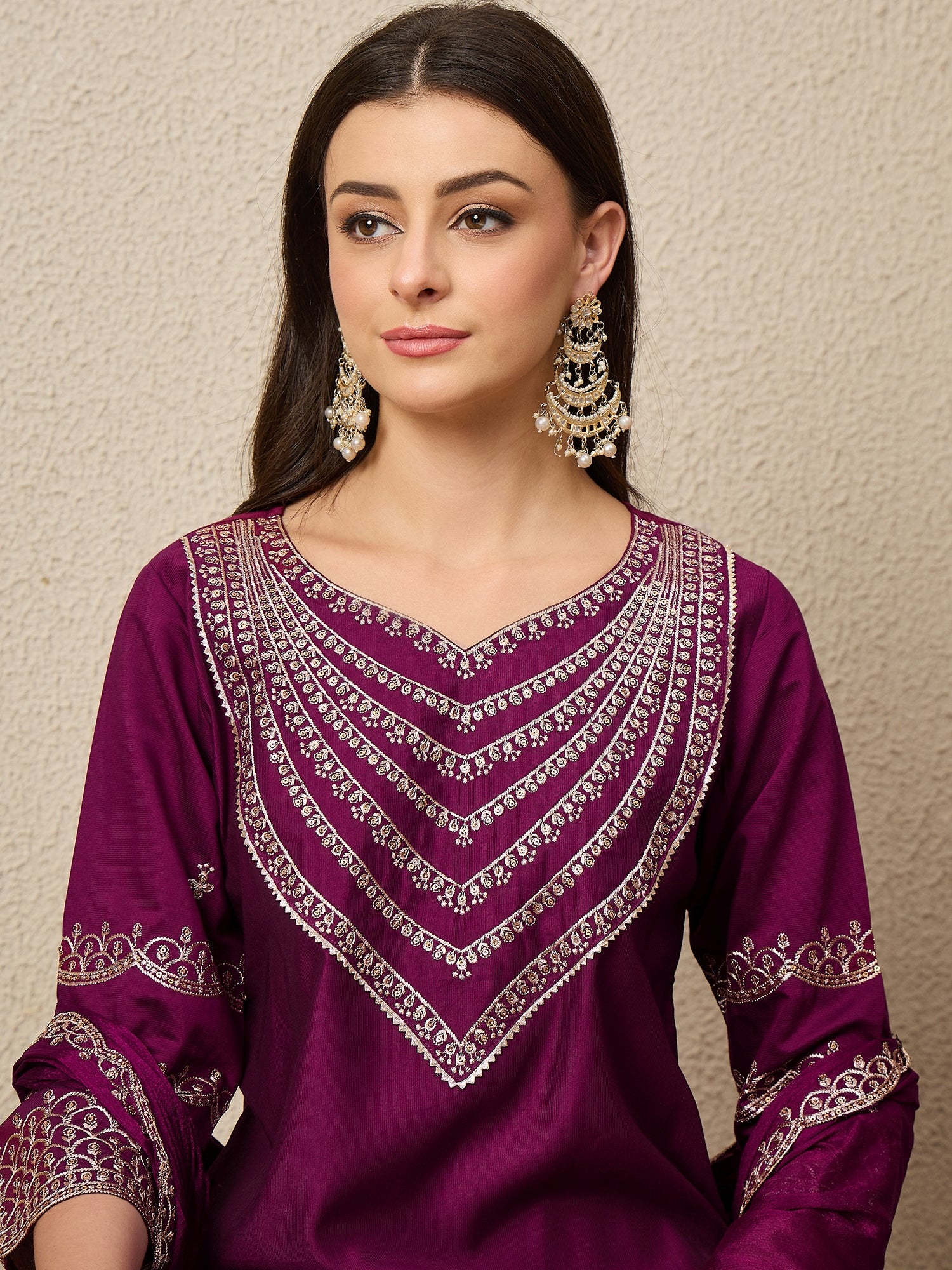 Kamya Purple Ethnic Motifs Embroidered Straight Kurta with Trousers & Dupatta