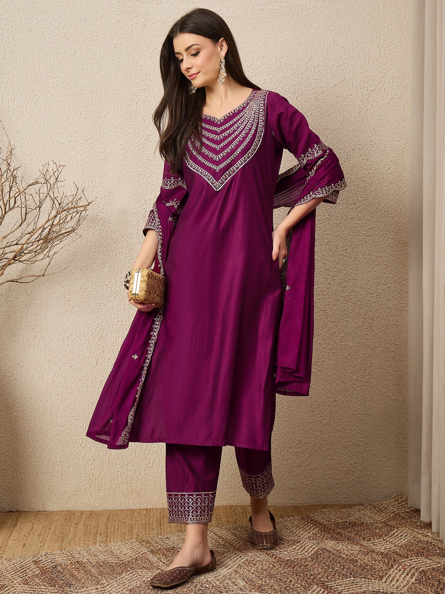 Kamya Purple Ethnic Motifs Embroidered Straight Kurta with Trousers & Dupatta