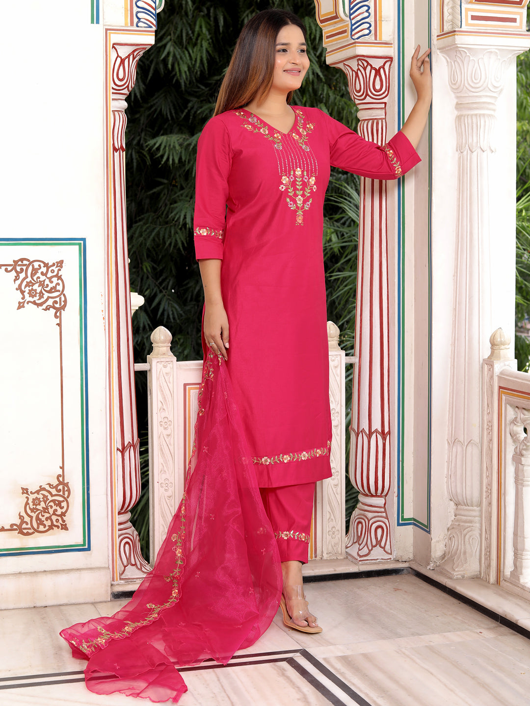 Bhagya Pink Floral Yoke Design V-Neck Sequinned Straight Kurta With Trousers & Dupatta