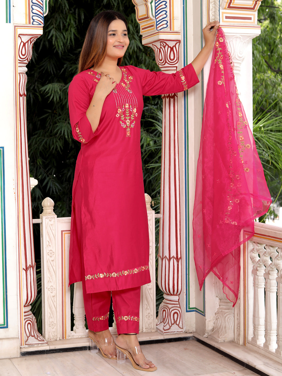 Bhagya Pink Floral Yoke Design V-Neck Sequinned Straight Kurta With Trousers & Dupatta