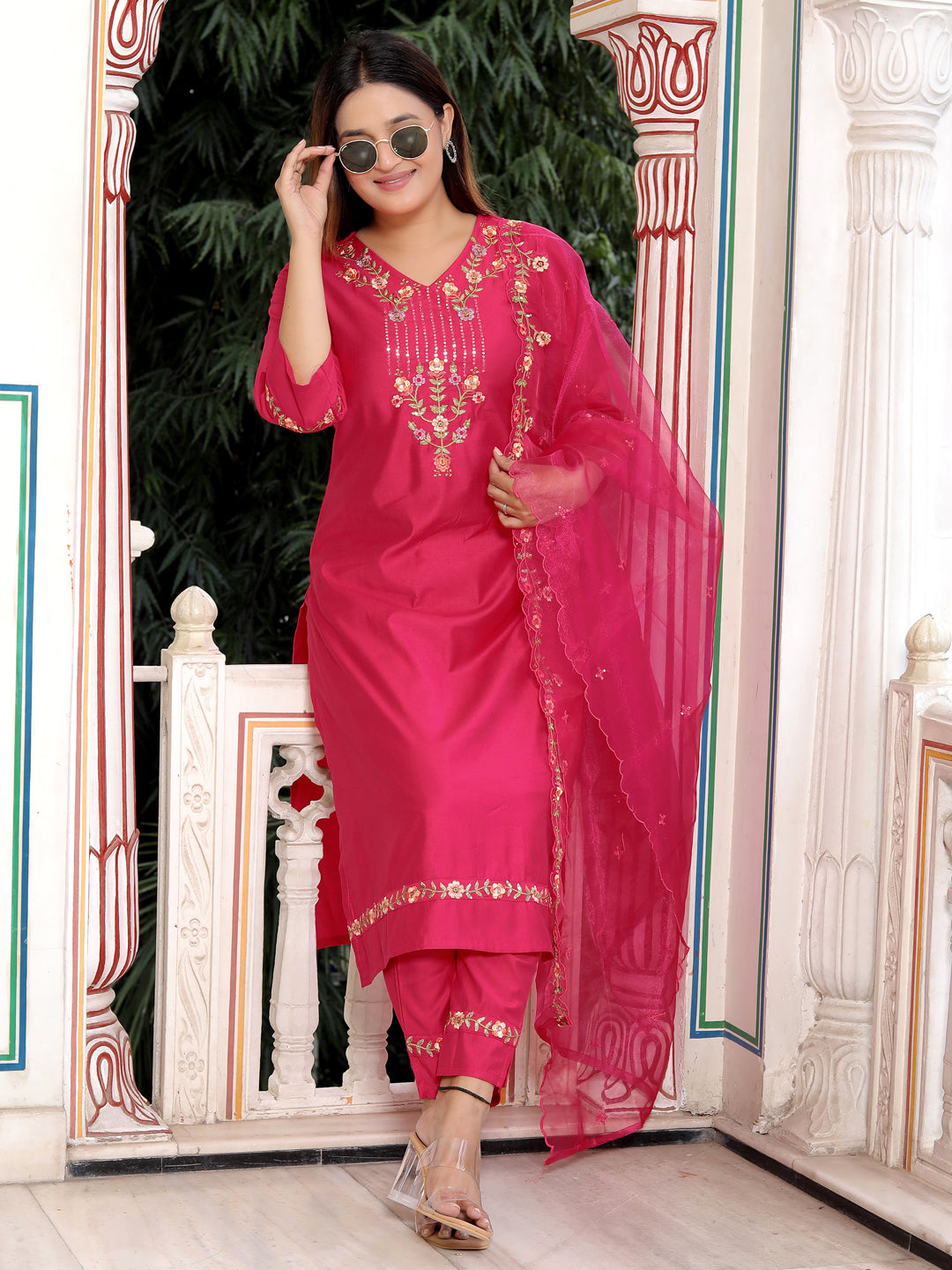 Bhagya Pink Floral Yoke Design V-Neck Sequinned Straight Kurta With Trousers & Dupatta