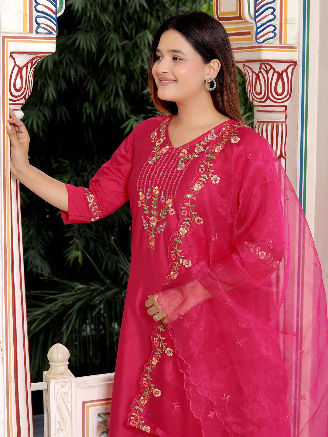 Bhagya Pink Floral Yoke Design V-Neck Sequinned Straight Kurta With Trousers & Dupatta