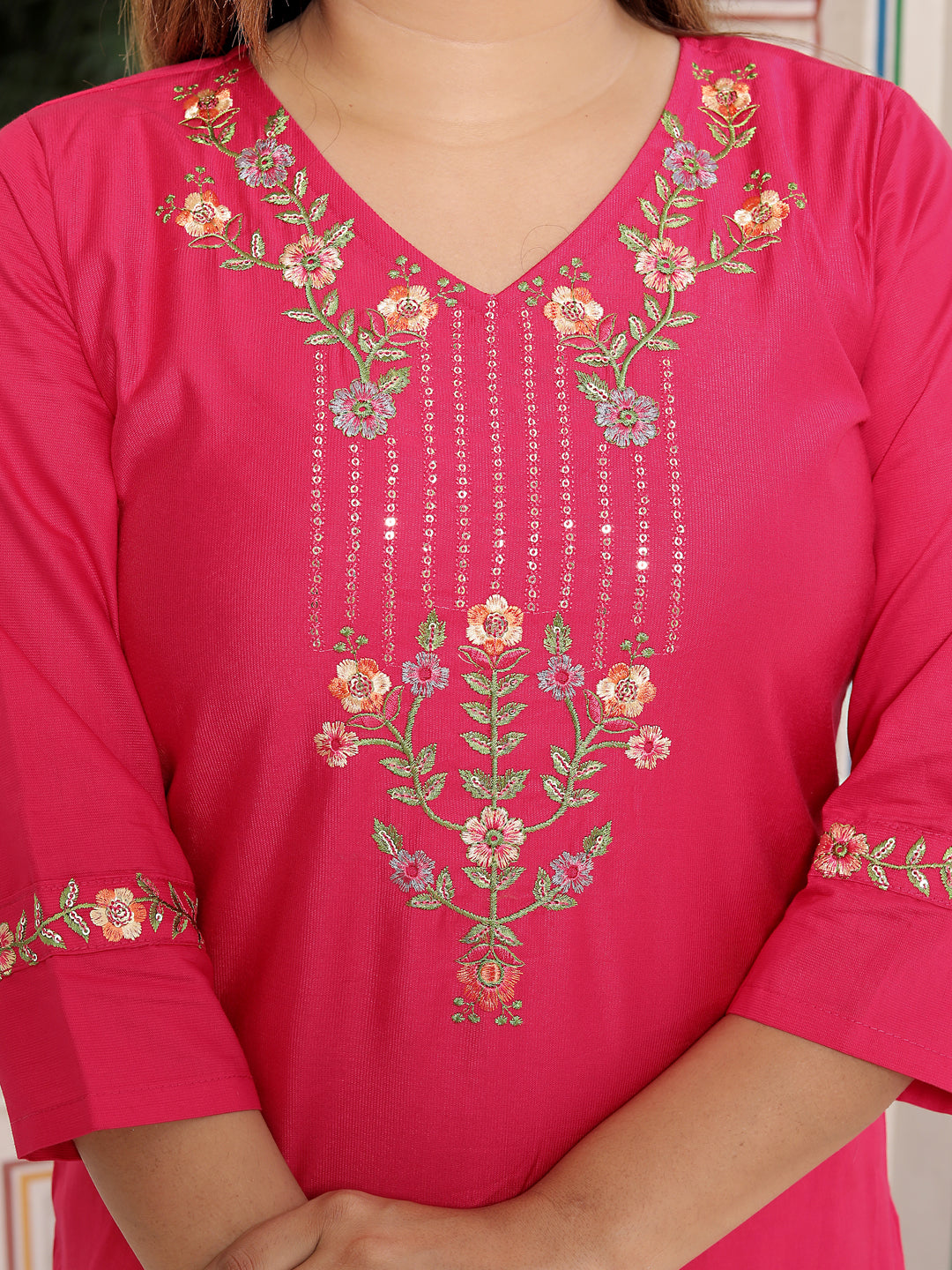 Bhagya Pink Floral Yoke Design V-Neck Sequinned Straight Kurta With Trousers & Dupatta