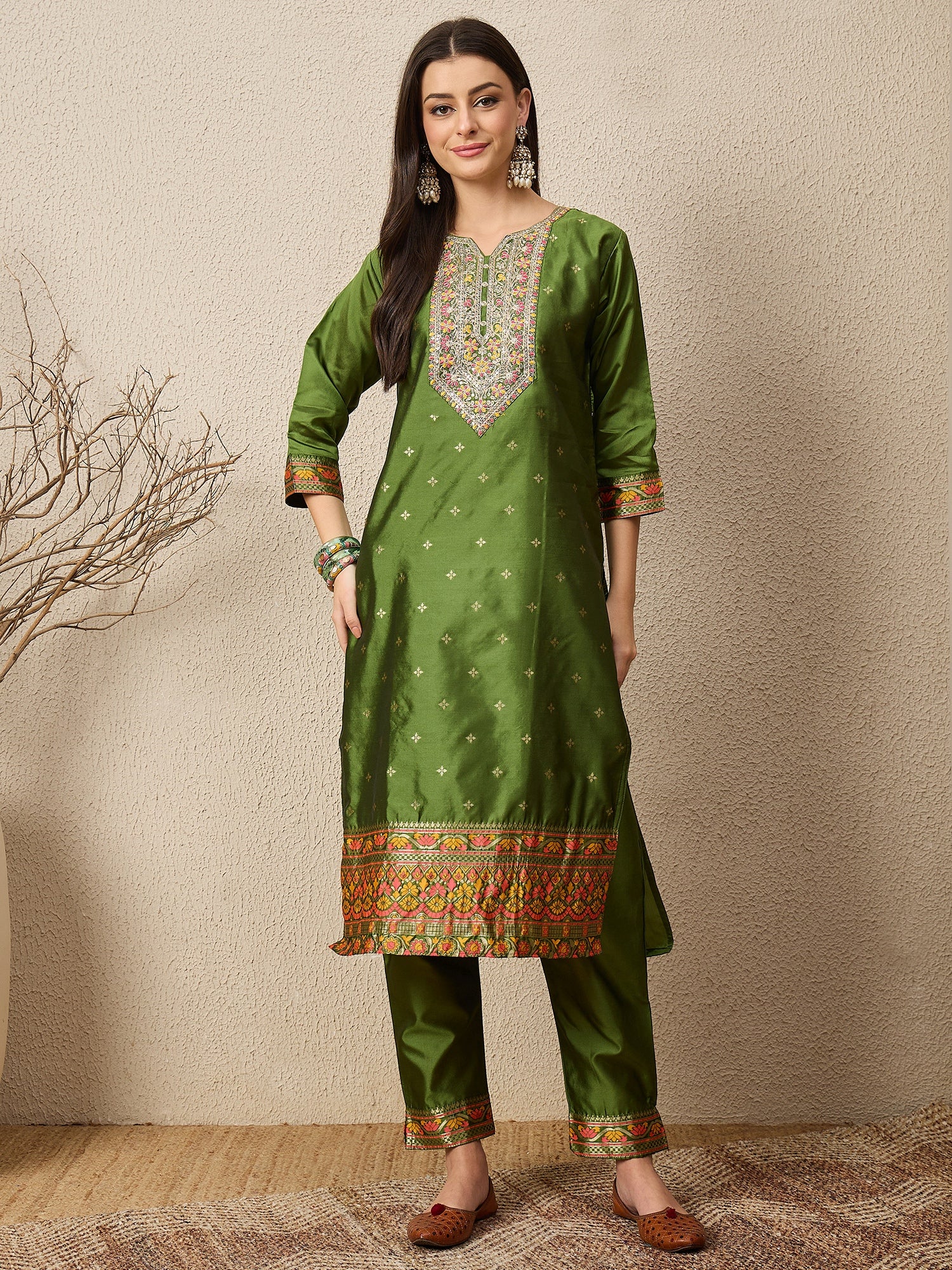 Kahani Women Mehndi Yoke Design Silk Blend Straight Suit With Dupatta