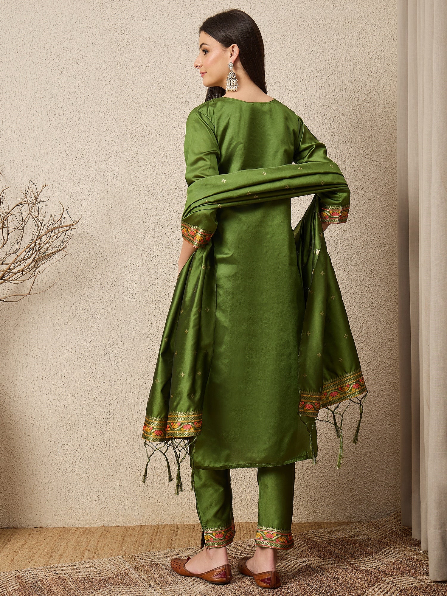 Kahani Women Mehndi Yoke Design Silk Blend Straight Suit With Dupatta