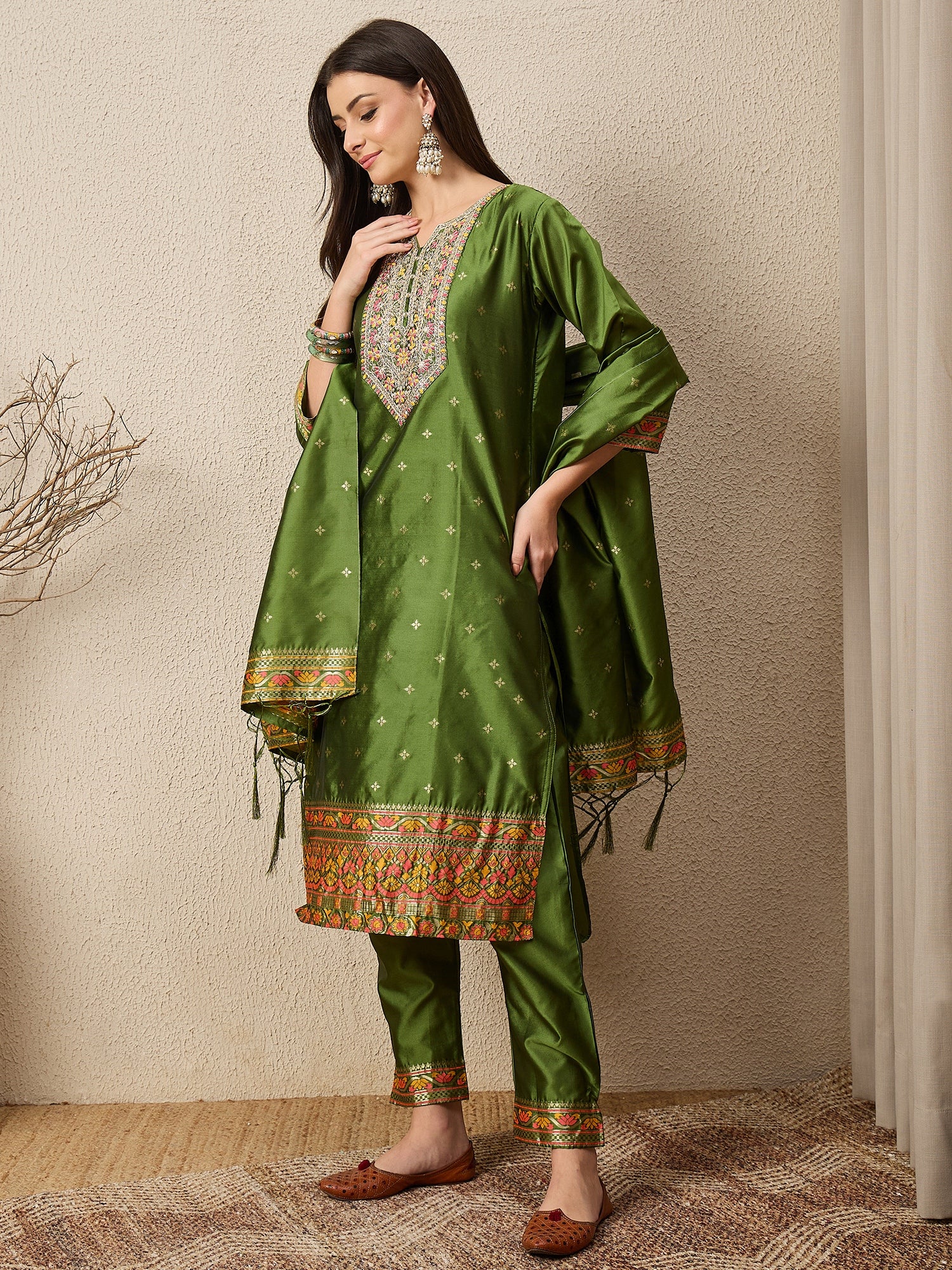 Kahani Women Mehndi Yoke Design Silk Blend Straight Suit With Dupatta