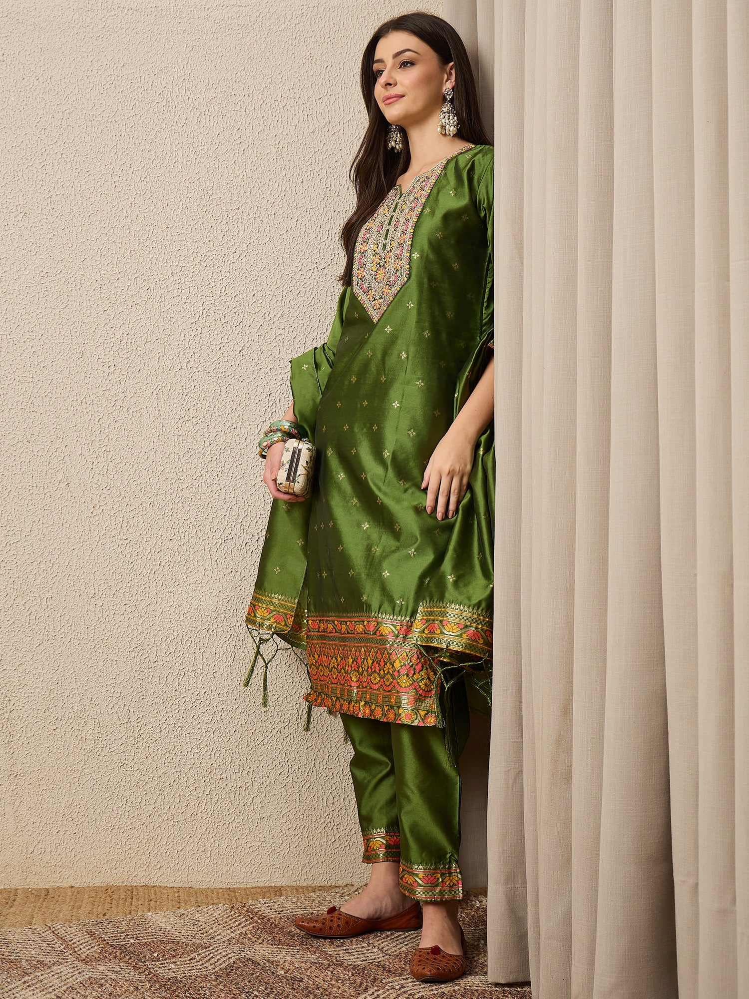 Kahani Women Mehndi Yoke Design Silk Blend Straight Suit With Dupatta