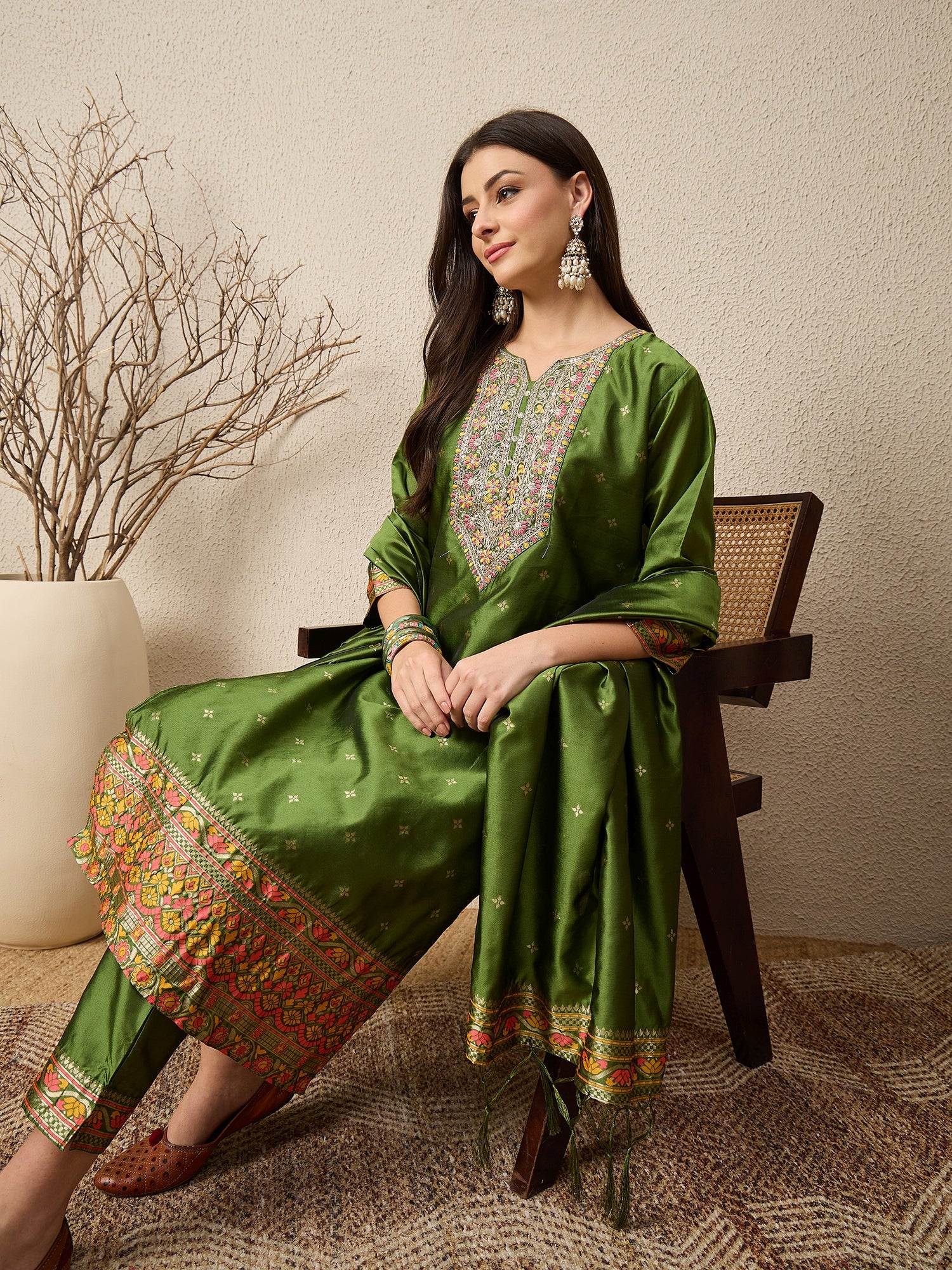Kahani Women Mehndi Yoke Design Silk Blend Straight Suit With Dupatta