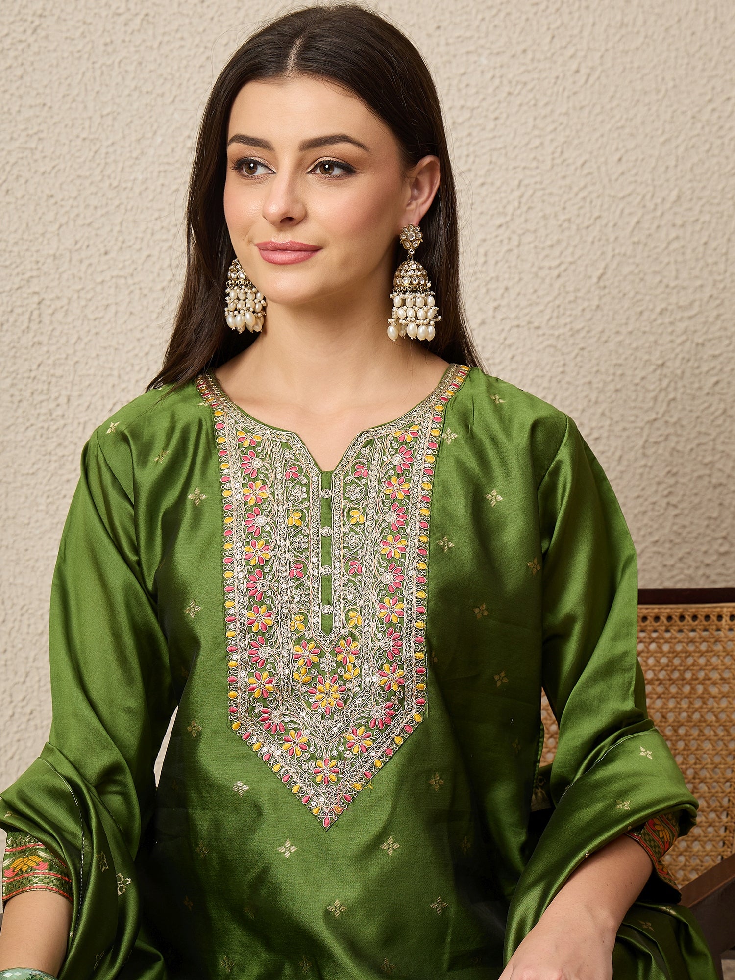 Kahani Women Mehndi Yoke Design Silk Blend Straight Suit With Dupatta