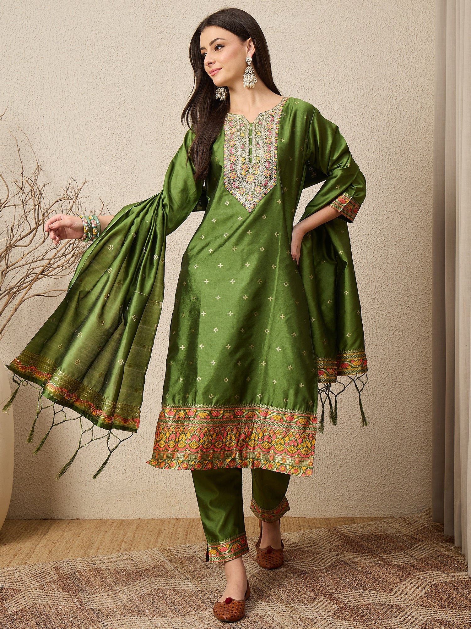 Kahani Women Mehndi Yoke Design Silk Blend Straight Suit With Dupatta