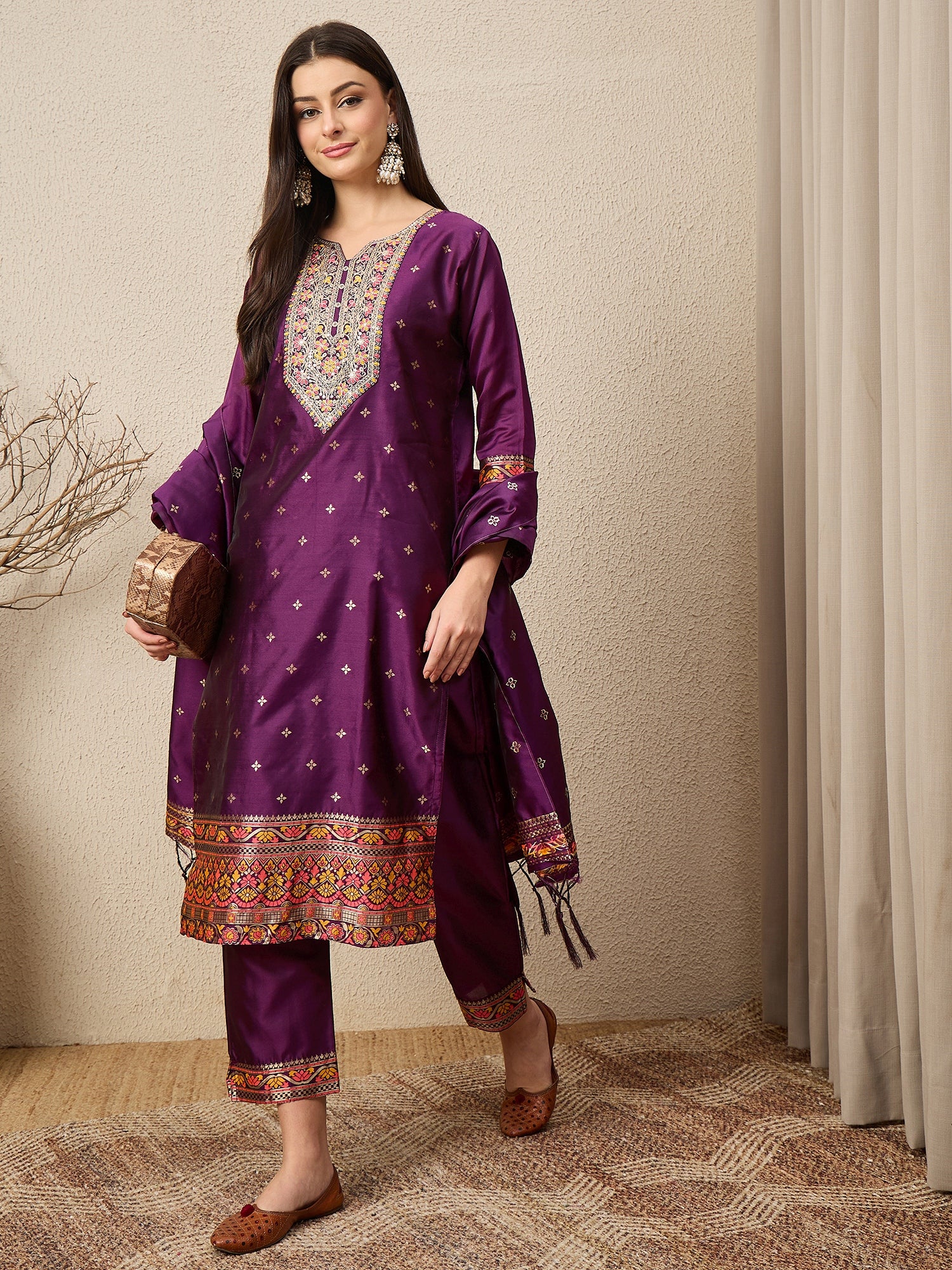 Kahani Women Purple Yoke Design Silk Blend Straight Suit With Dupatta