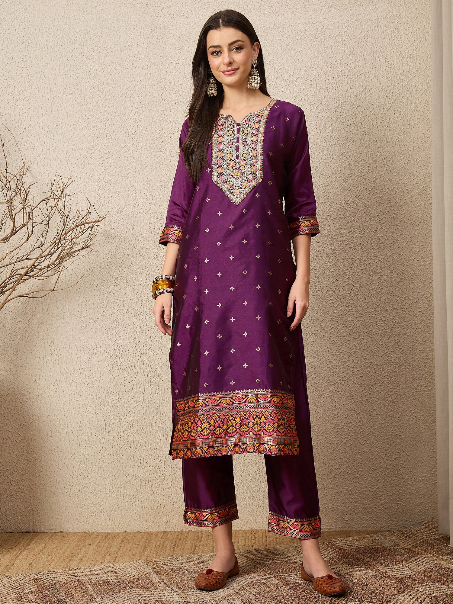 Kahani Women Purple Yoke Design Silk Blend Straight Suit With Dupatta