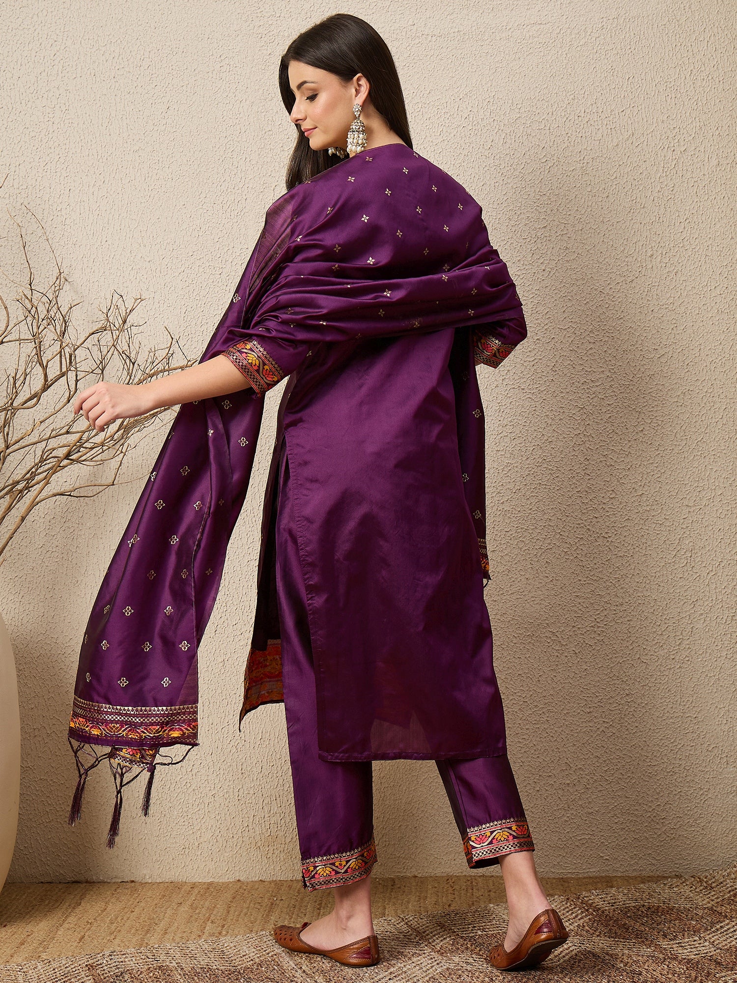 Kahani Women Purple Yoke Design Silk Blend Straight Suit With Dupatta